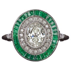 Art Deco Style Oval Cut Diamond Green Emerald Ring
