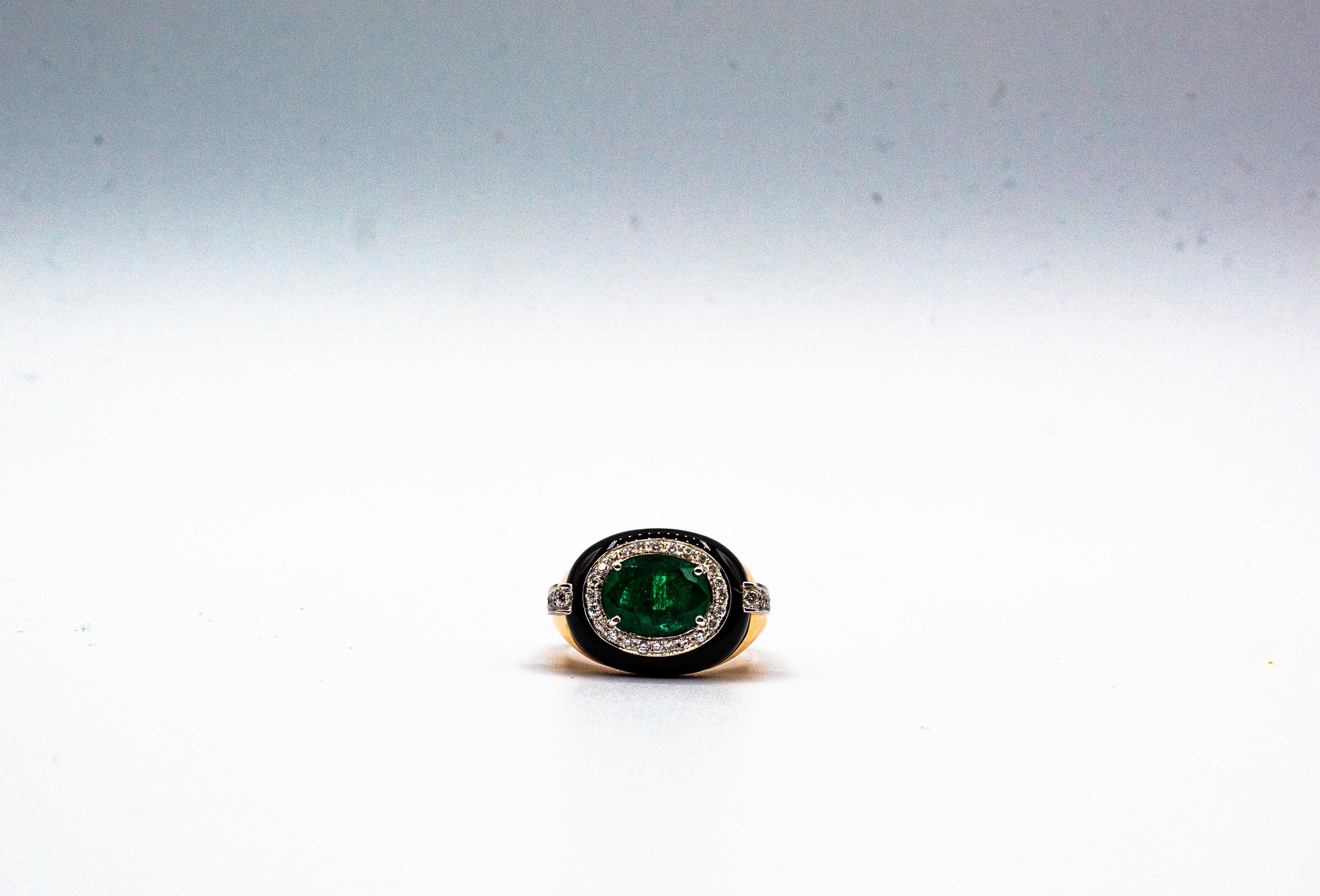 Art Deco Style Oval Cut Emerald White Diamond Onyx Yellow Gold Cocktail Ring 4