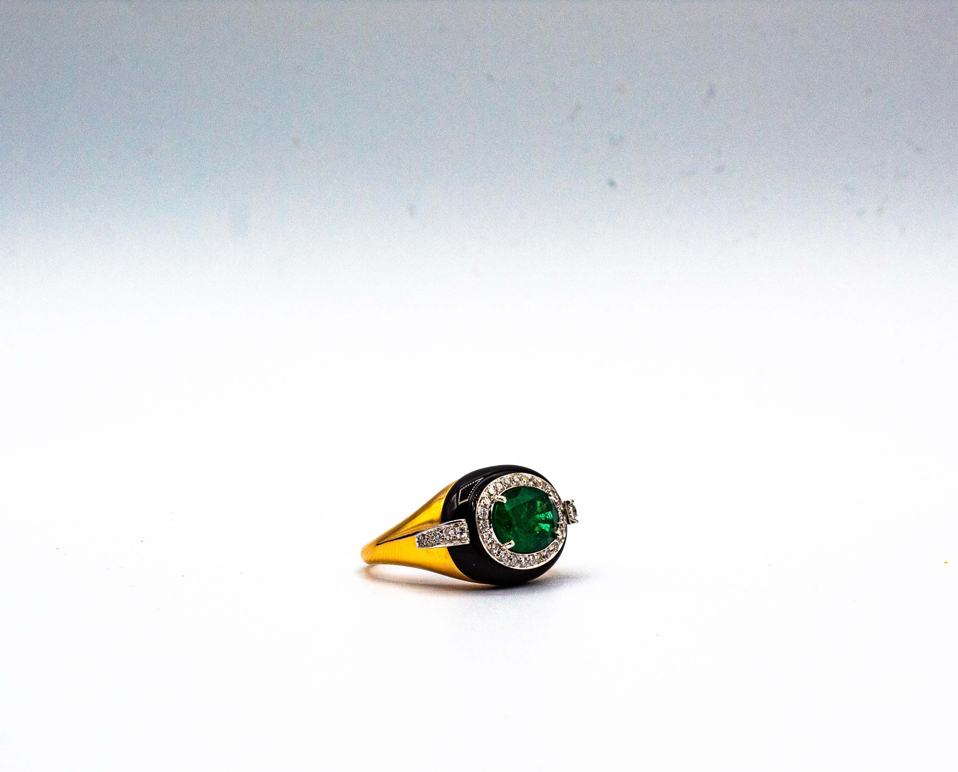 Art Deco Style Oval Cut Emerald White Diamond Onyx Yellow Gold Cocktail Ring 7