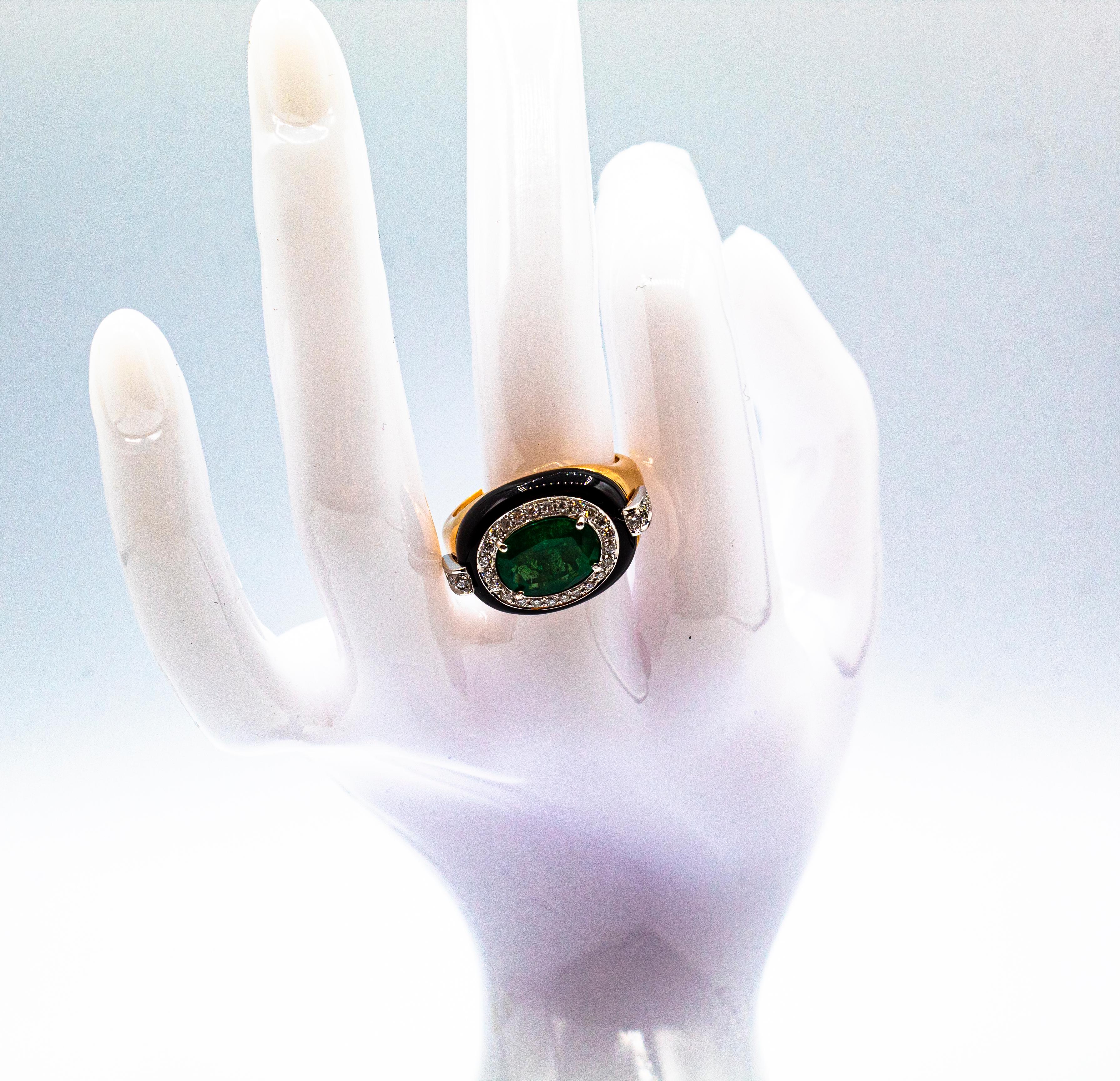 Art Deco Style Oval Cut Emerald White Diamond Onyx Yellow Gold Cocktail Ring 8