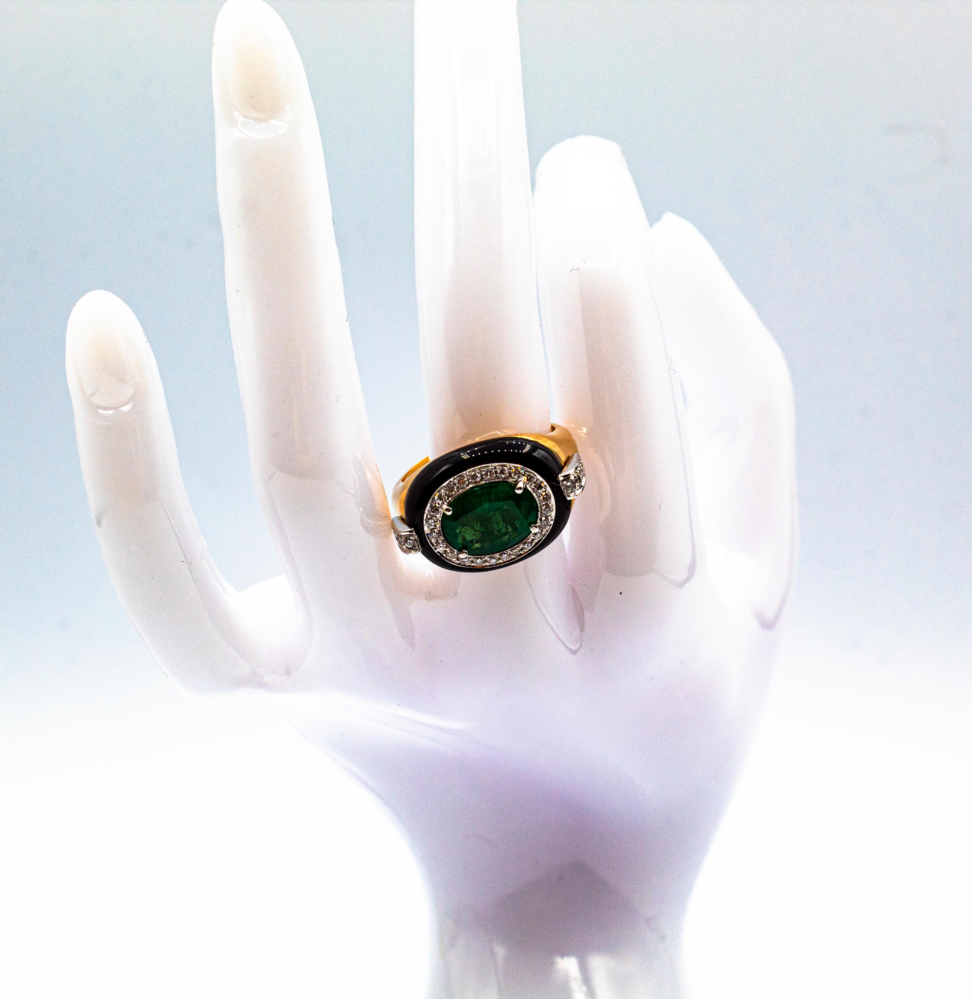 Art Deco Style Oval Cut Emerald White Diamond Onyx Yellow Gold Cocktail Ring For Sale 9