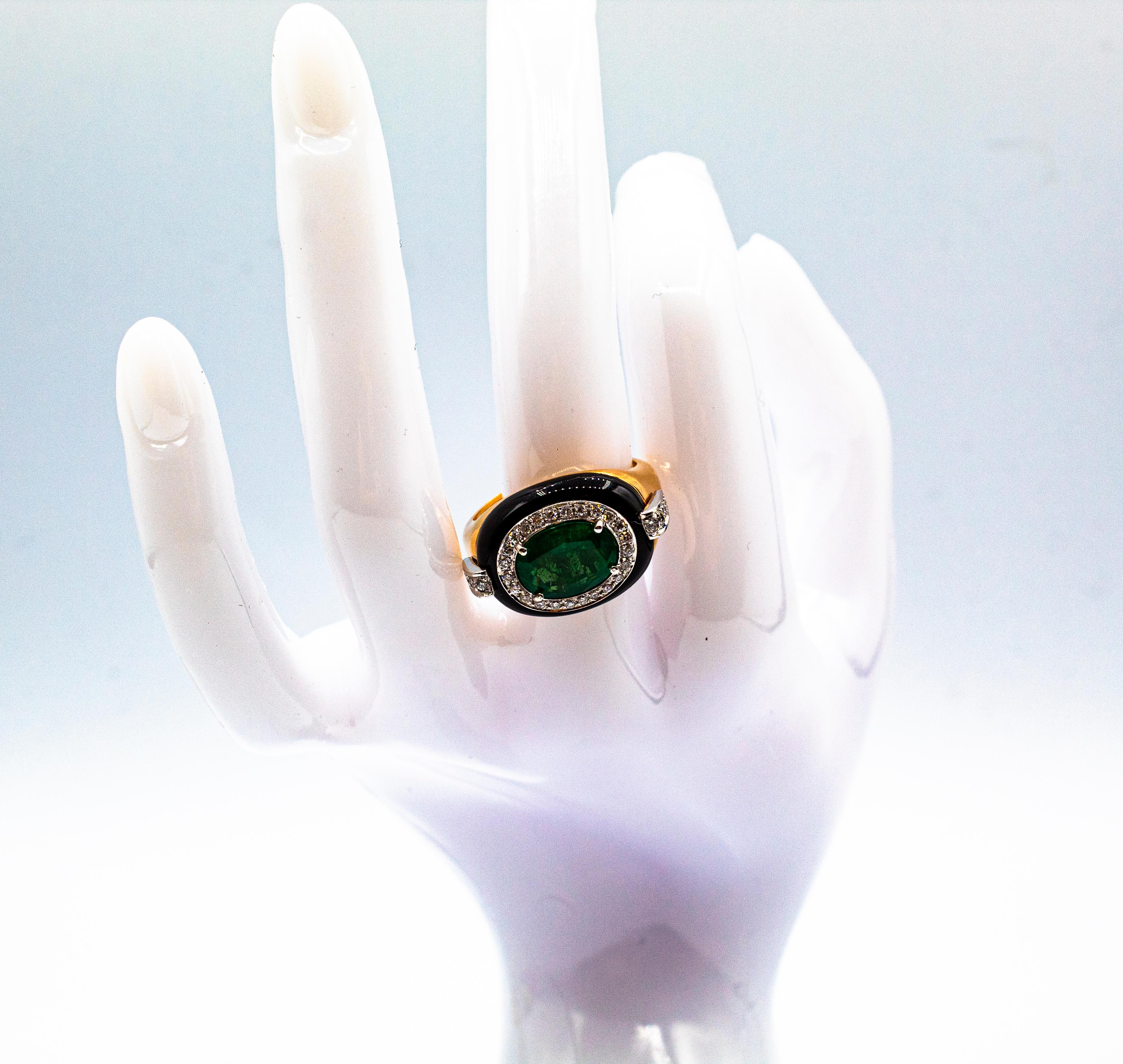 Art Deco Style Oval Cut Emerald White Diamond Onyx Yellow Gold Cocktail Ring For Sale 10