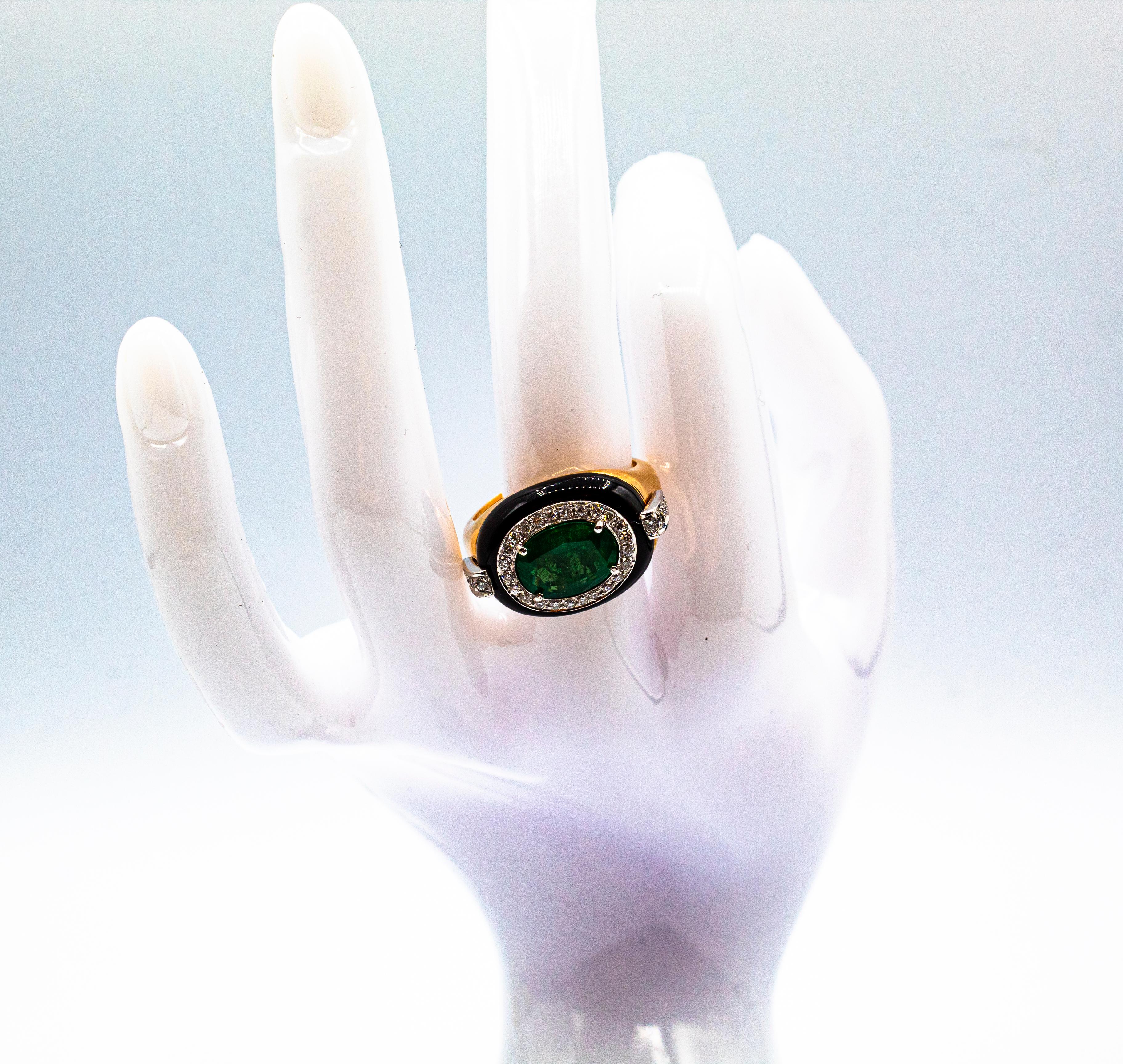 Art Deco Style Oval Cut Emerald White Diamond Onyx Yellow Gold Cocktail Ring 10