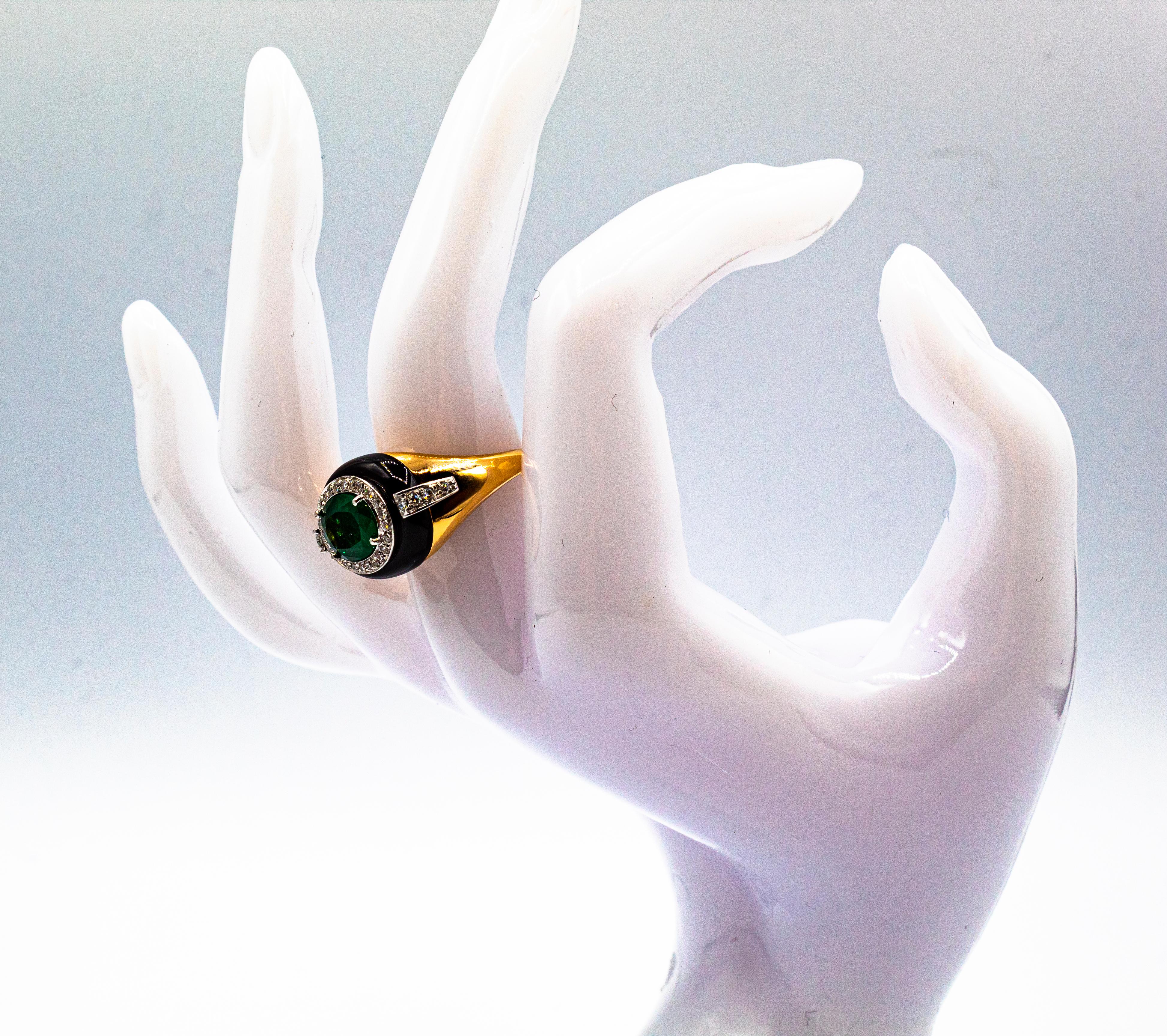 Art Deco Style Oval Cut Emerald White Diamond Onyx Yellow Gold Cocktail Ring 11