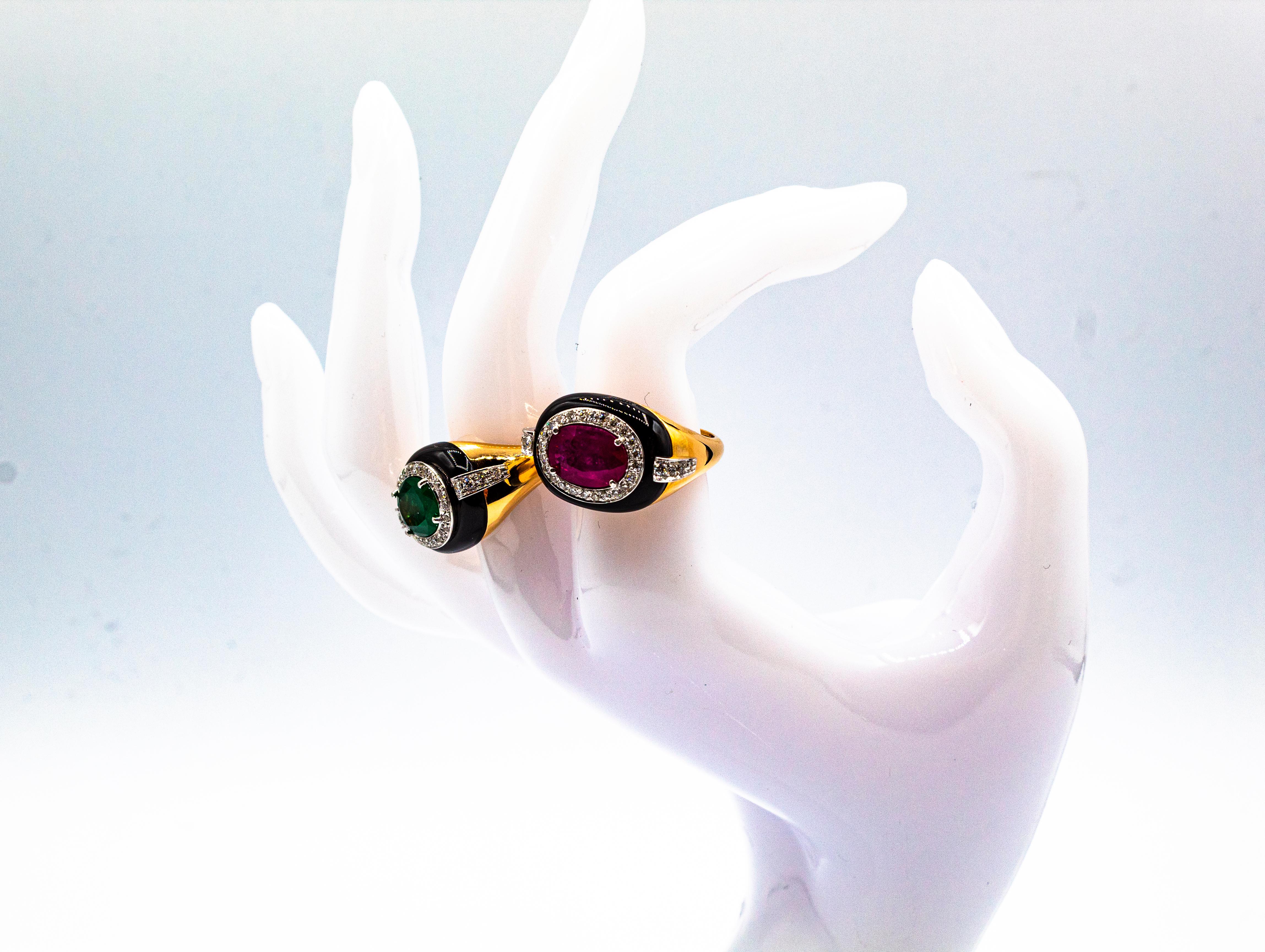 Art Deco Style Oval Cut Emerald White Diamond Onyx Yellow Gold Cocktail Ring 13