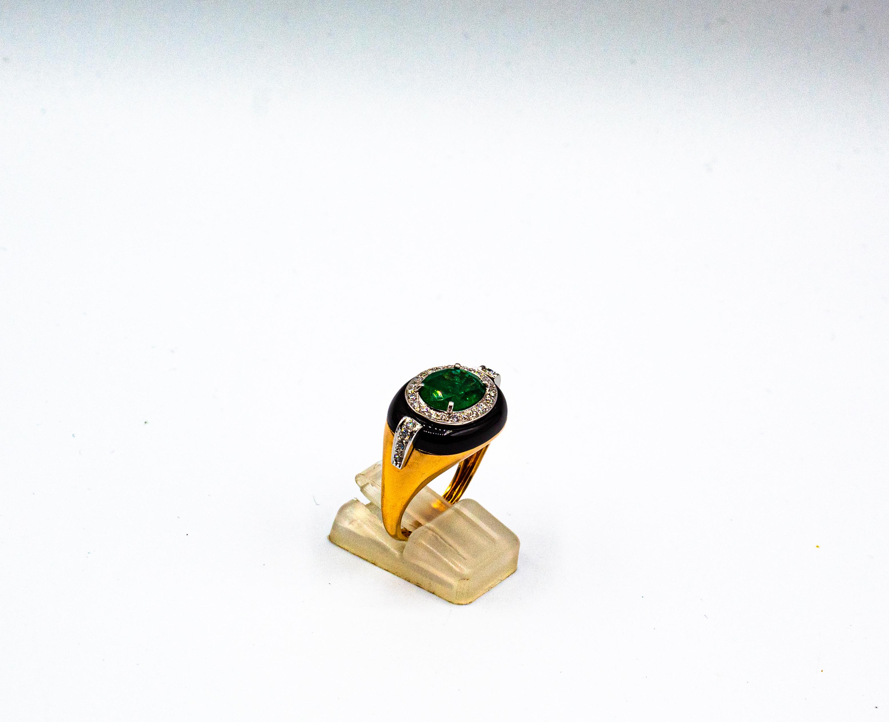Art Deco Style Oval Cut Emerald White Diamond Onyx Yellow Gold Cocktail Ring In New Condition For Sale In Naples, IT
