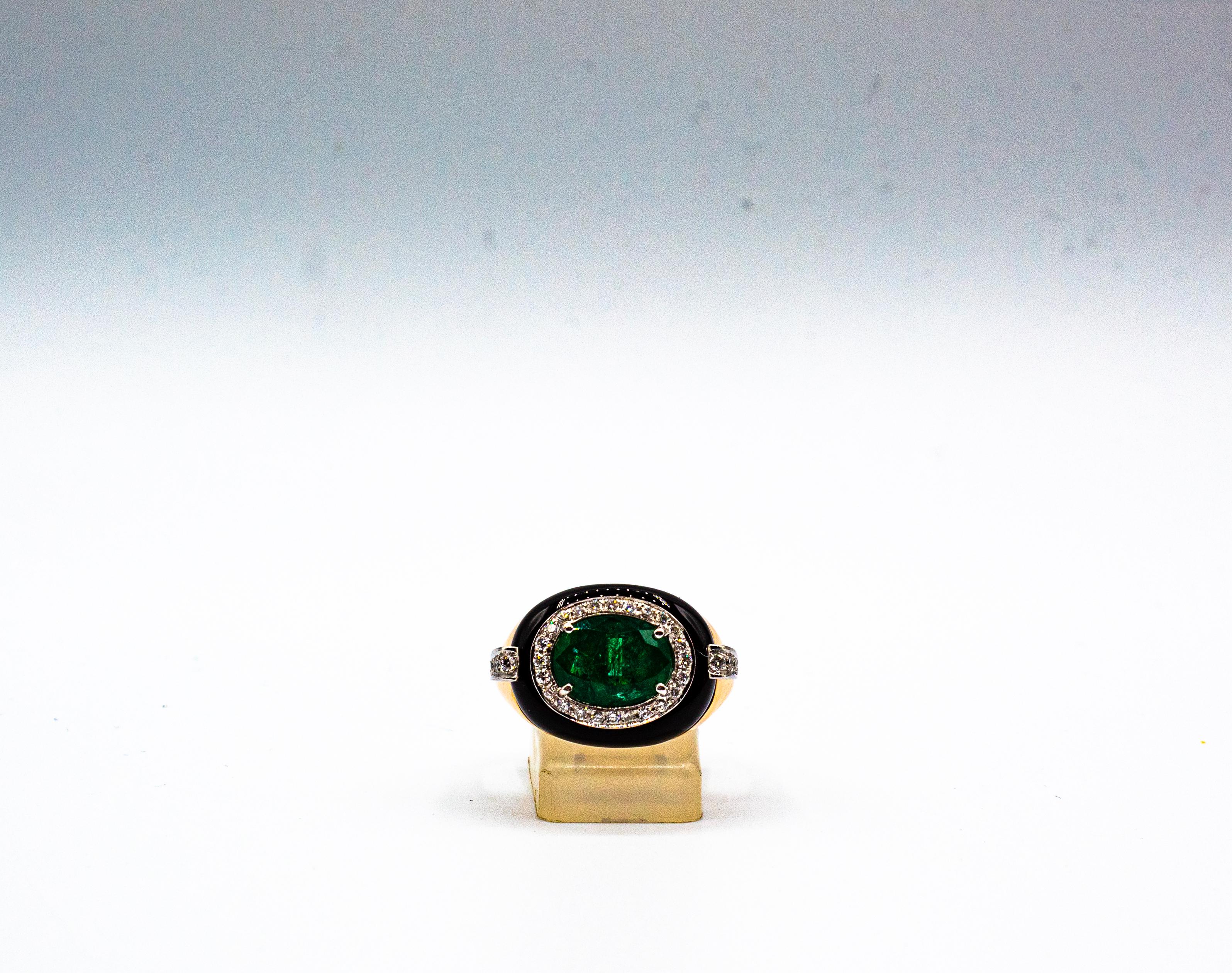 Women's or Men's Art Deco Style Oval Cut Emerald White Diamond Onyx Yellow Gold Cocktail Ring For Sale