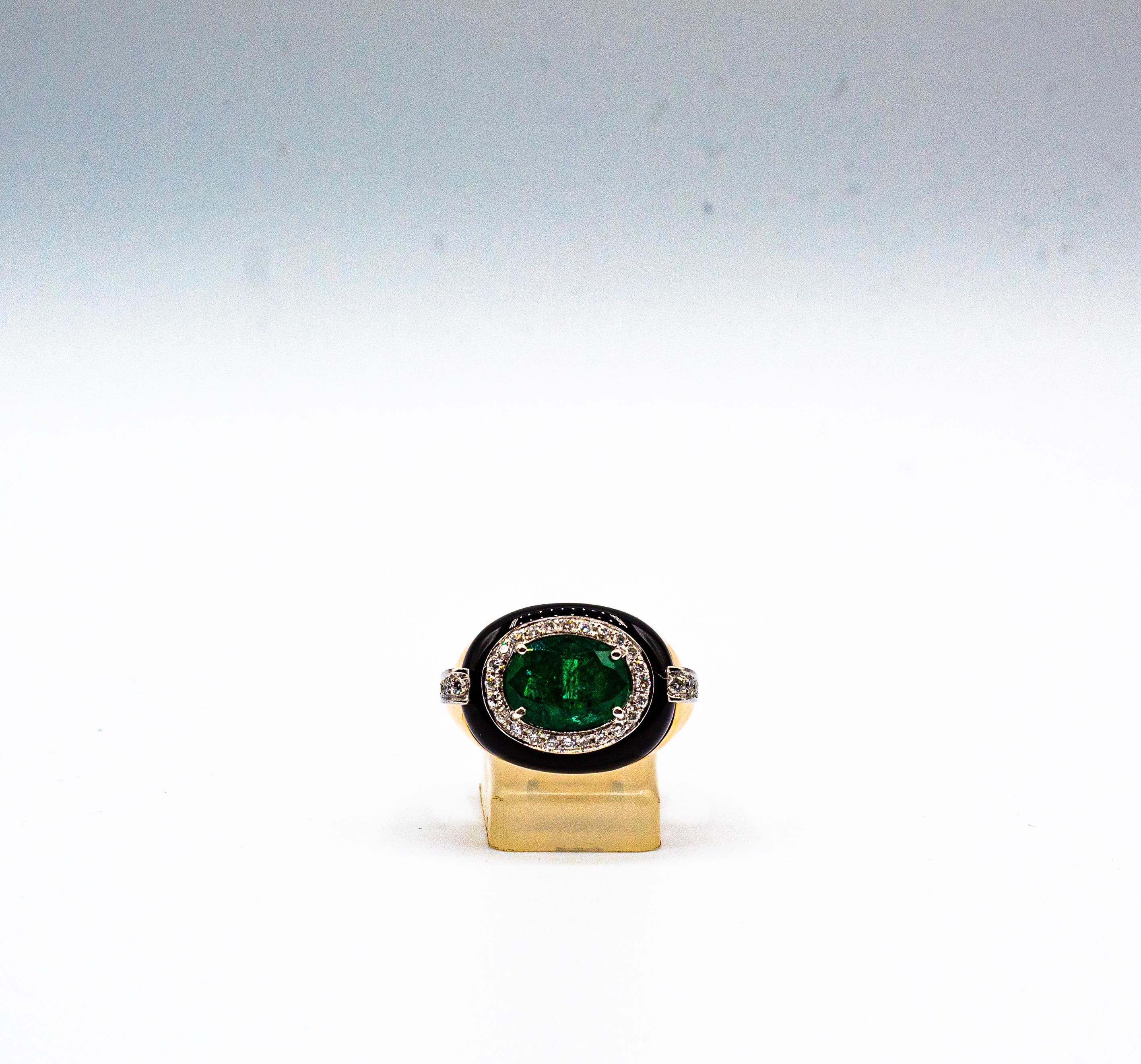 Art Deco Style Oval Cut Emerald White Diamond Onyx Yellow Gold Cocktail Ring For Sale 1