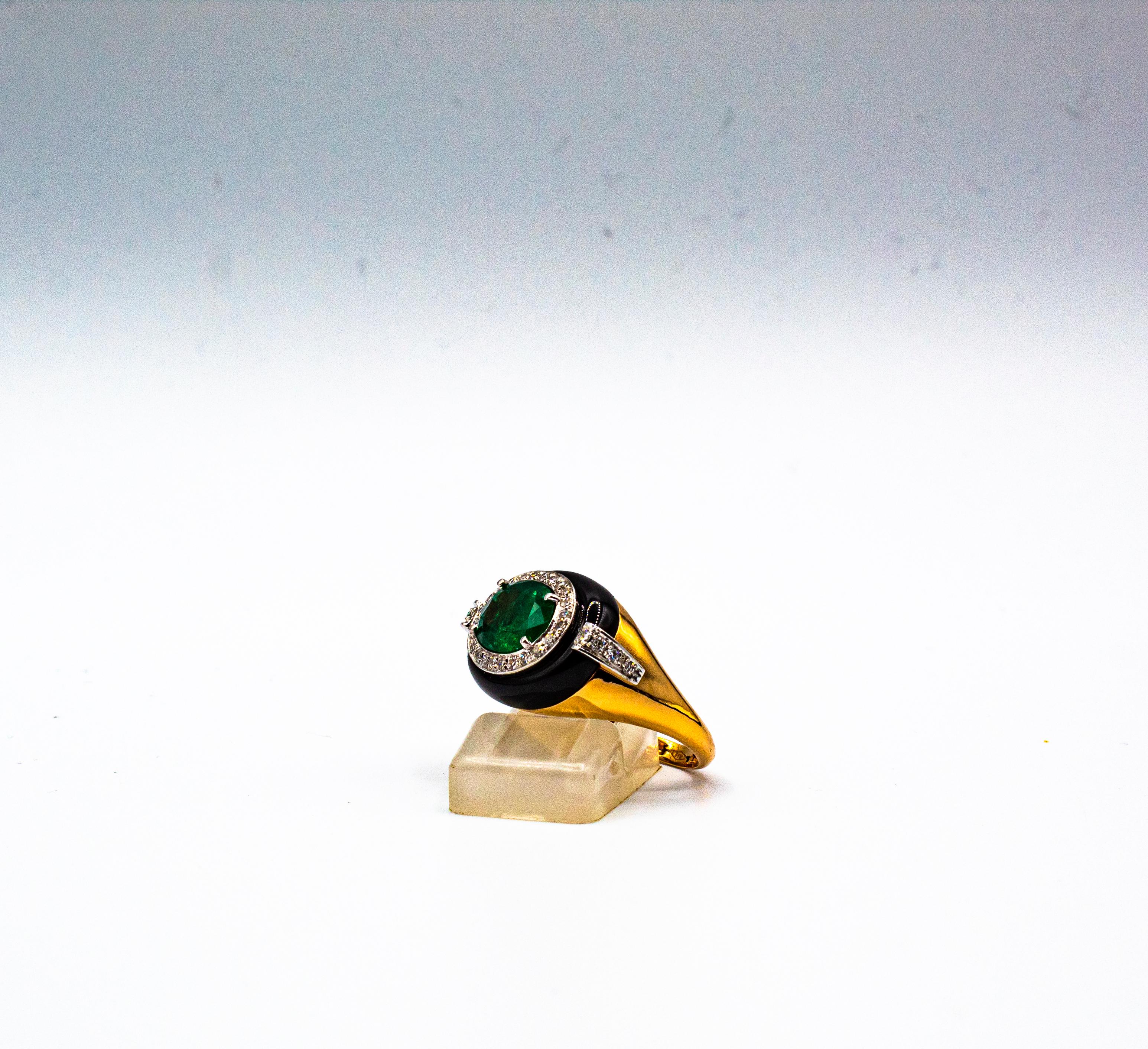 Art Deco Style Oval Cut Emerald White Diamond Onyx Yellow Gold Cocktail Ring 2