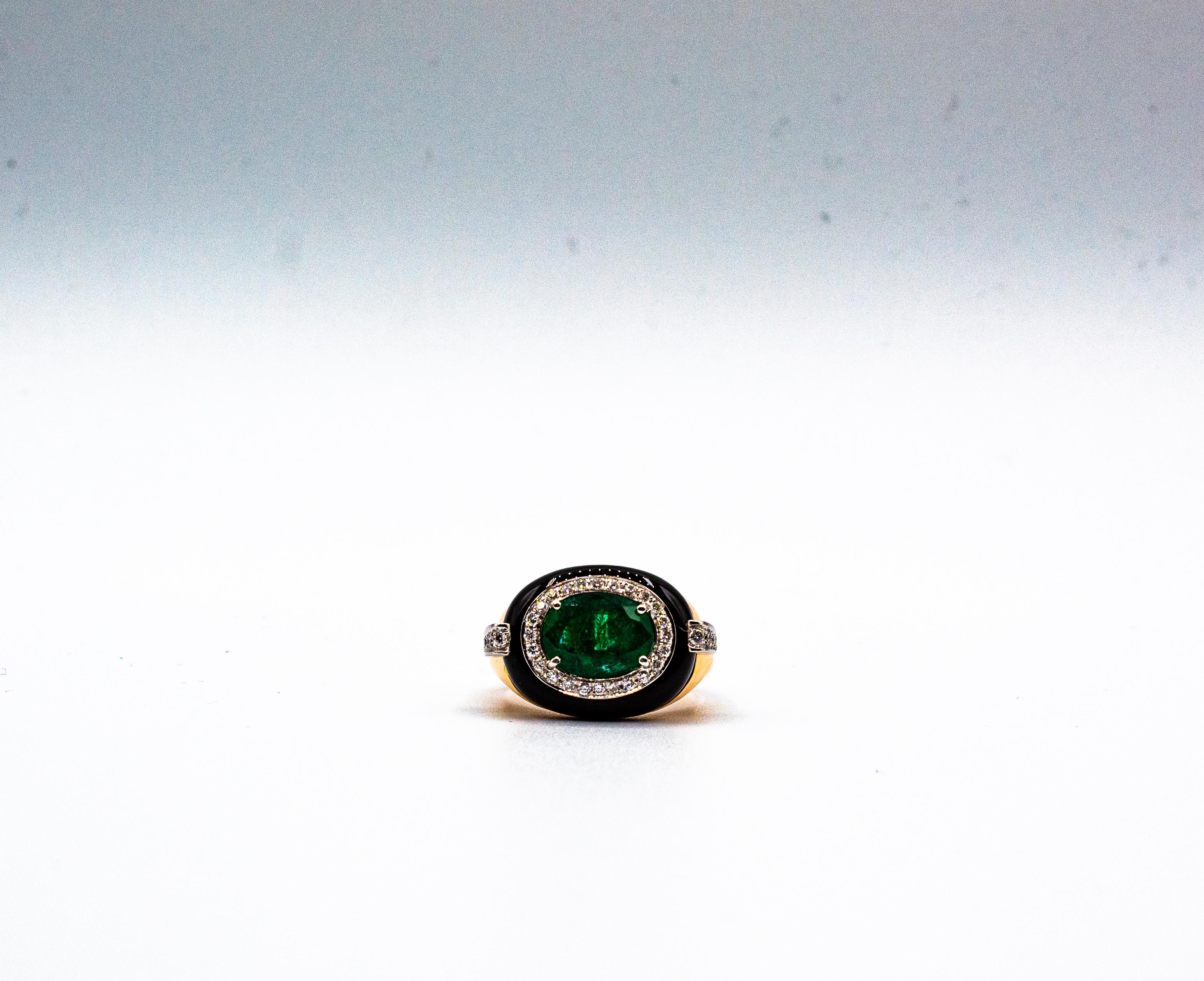 Art Deco Style Oval Cut Emerald White Diamond Onyx Yellow Gold Cocktail Ring 3