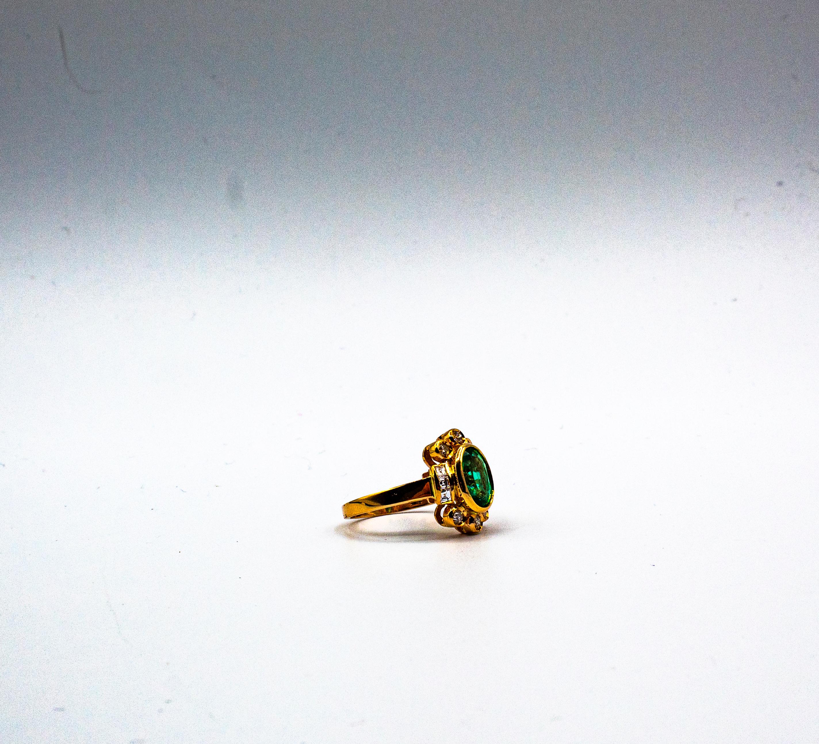 Art Deco Style Oval Cut Emerald White Diamond Yellow Gold Cocktail Ring 7