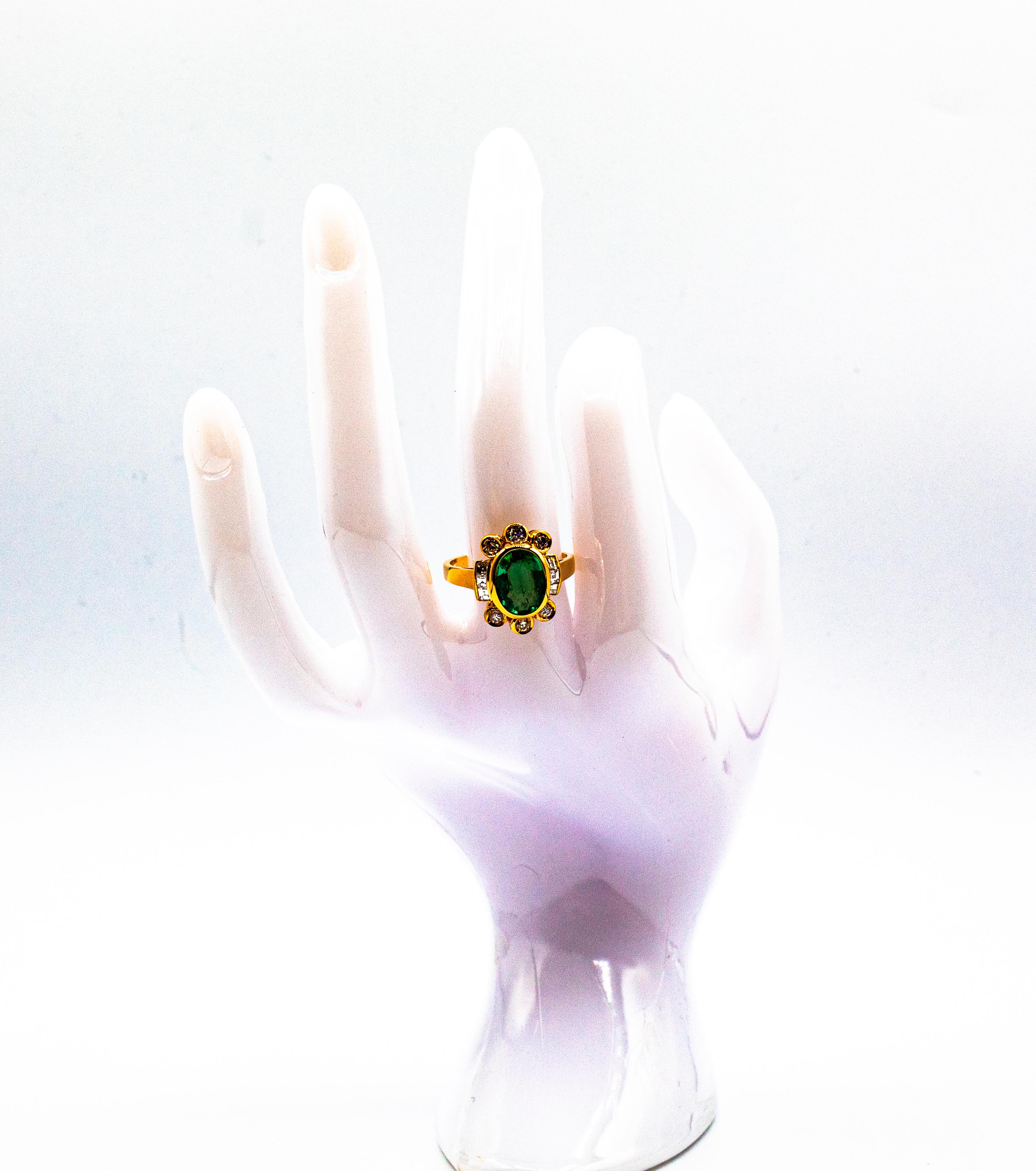 Art Deco Style Oval Cut Emerald White Diamond Yellow Gold Cocktail Ring 10