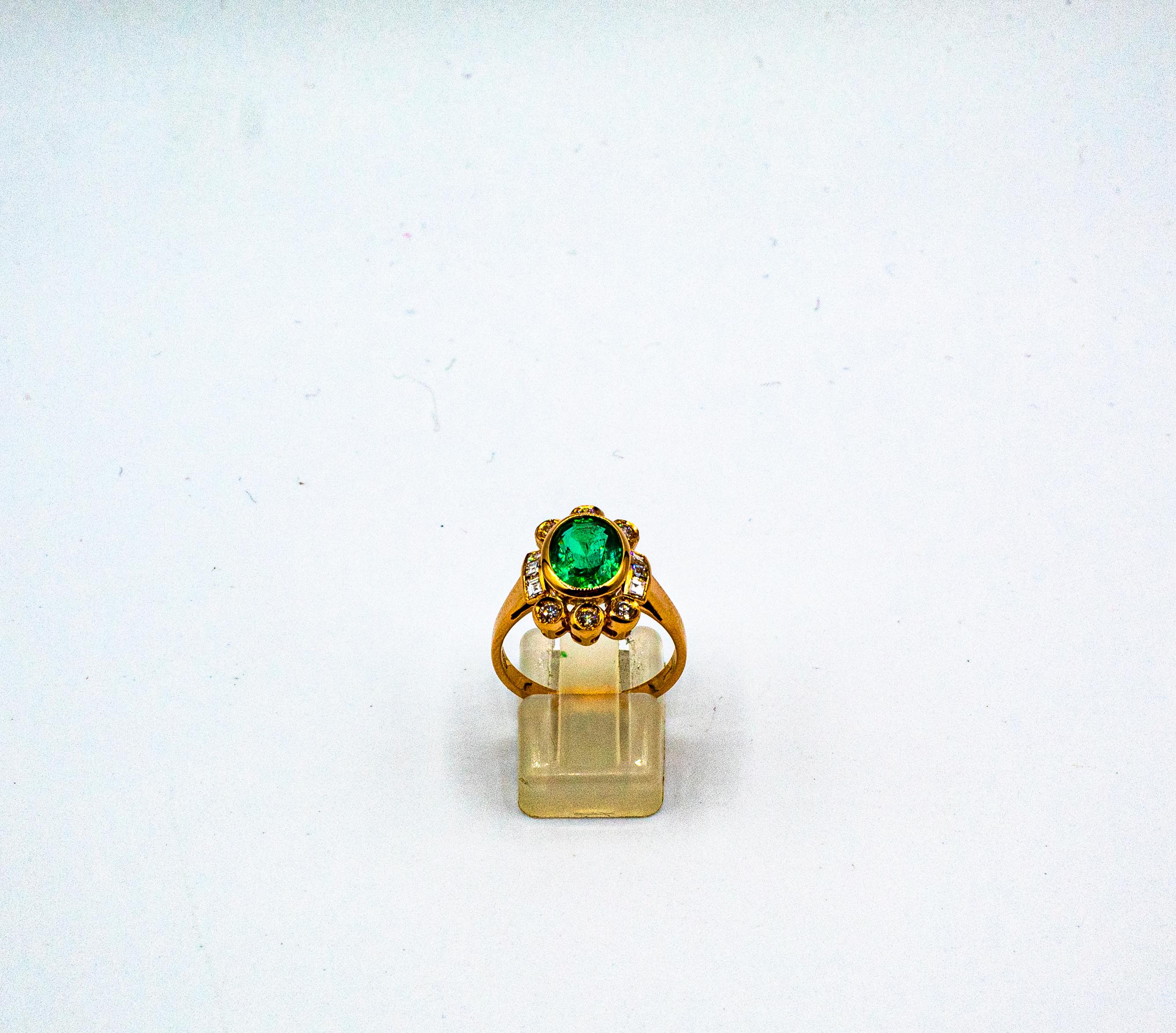 Brilliant Cut Art Deco Style Oval Cut Emerald White Diamond Yellow Gold Cocktail Ring For Sale