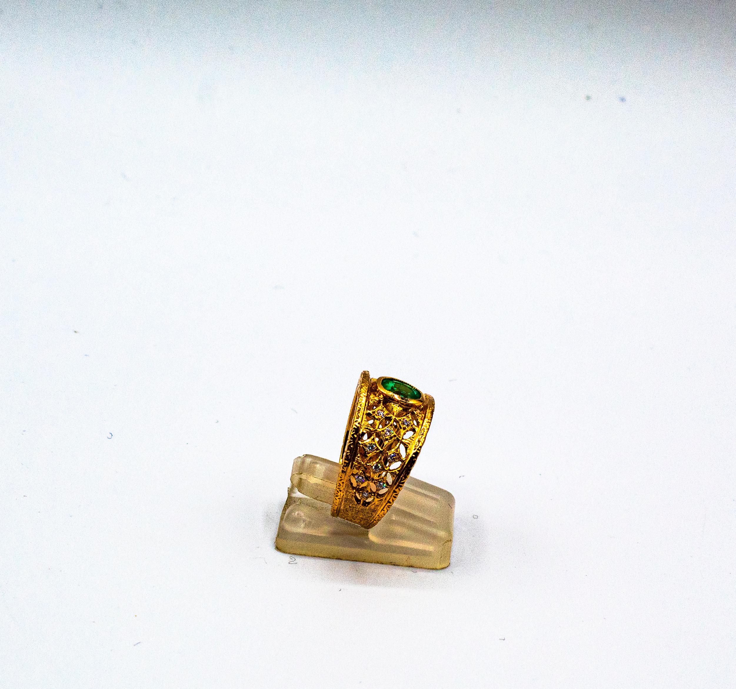 Art Deco Style Oval Cut Emerald White Diamond Yellow Gold Cocktail Ring In New Condition For Sale In Naples, IT