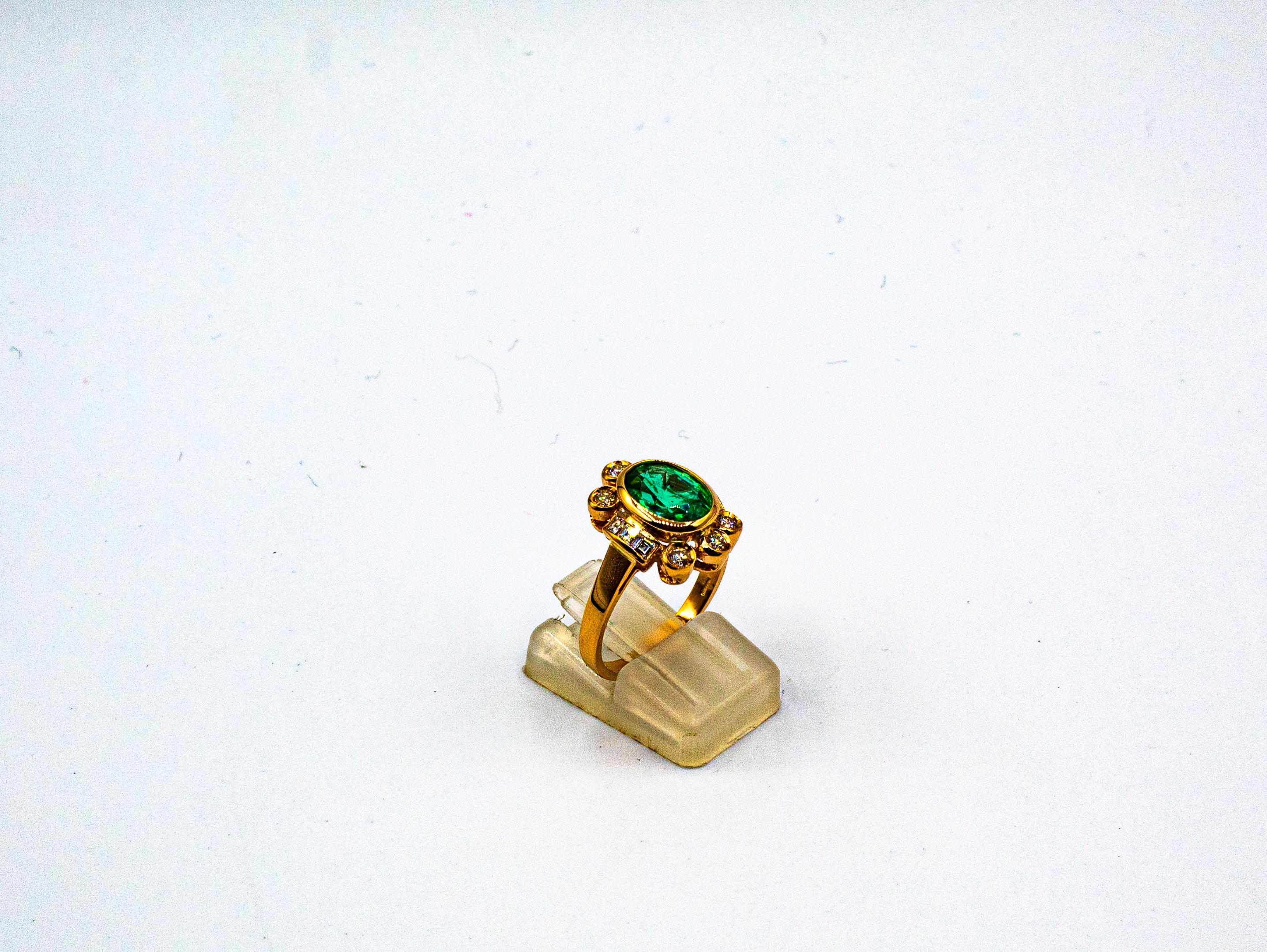 Women's or Men's Art Deco Style Oval Cut Emerald White Diamond Yellow Gold Cocktail Ring