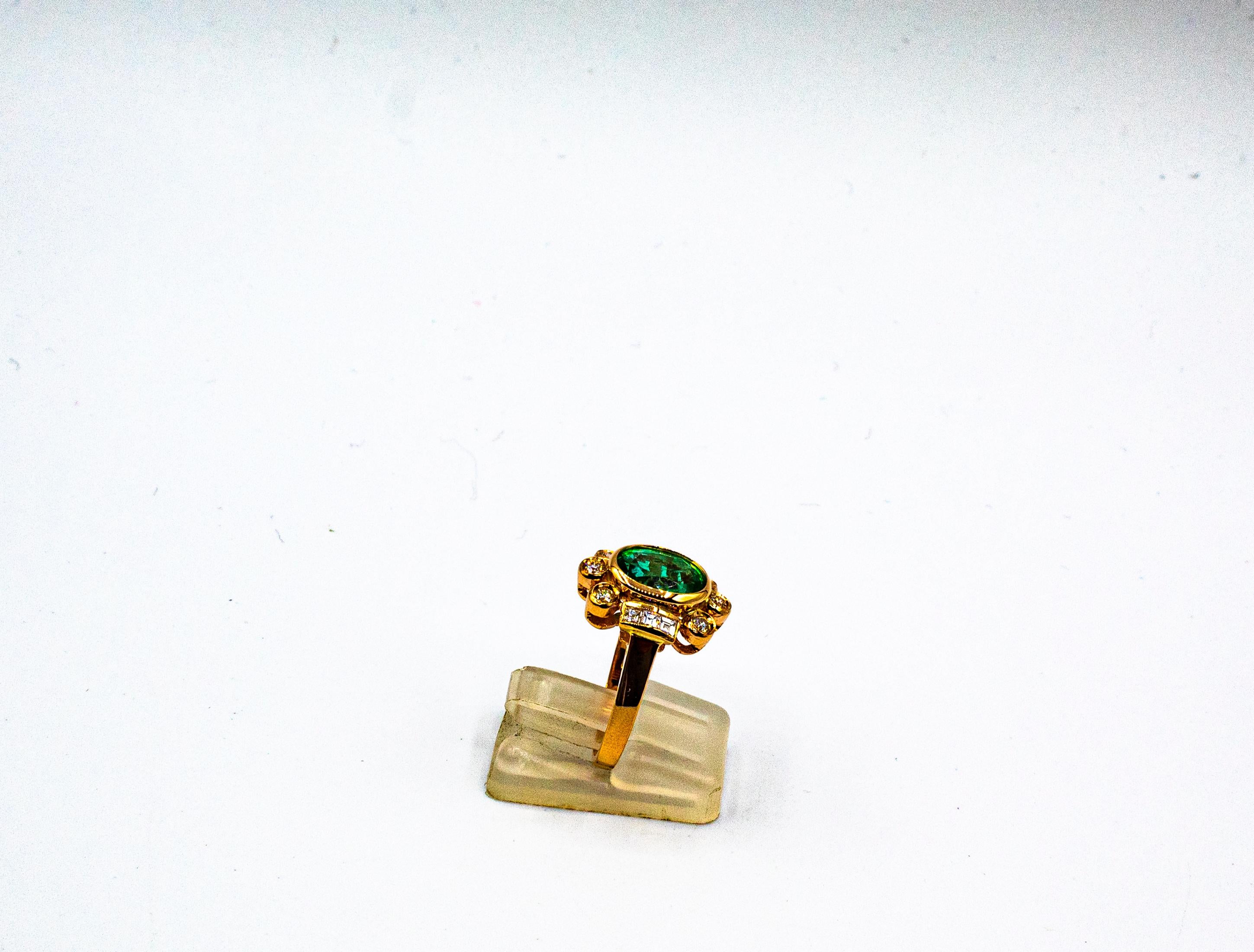 Art Deco Style Oval Cut Emerald White Diamond Yellow Gold Cocktail Ring 1