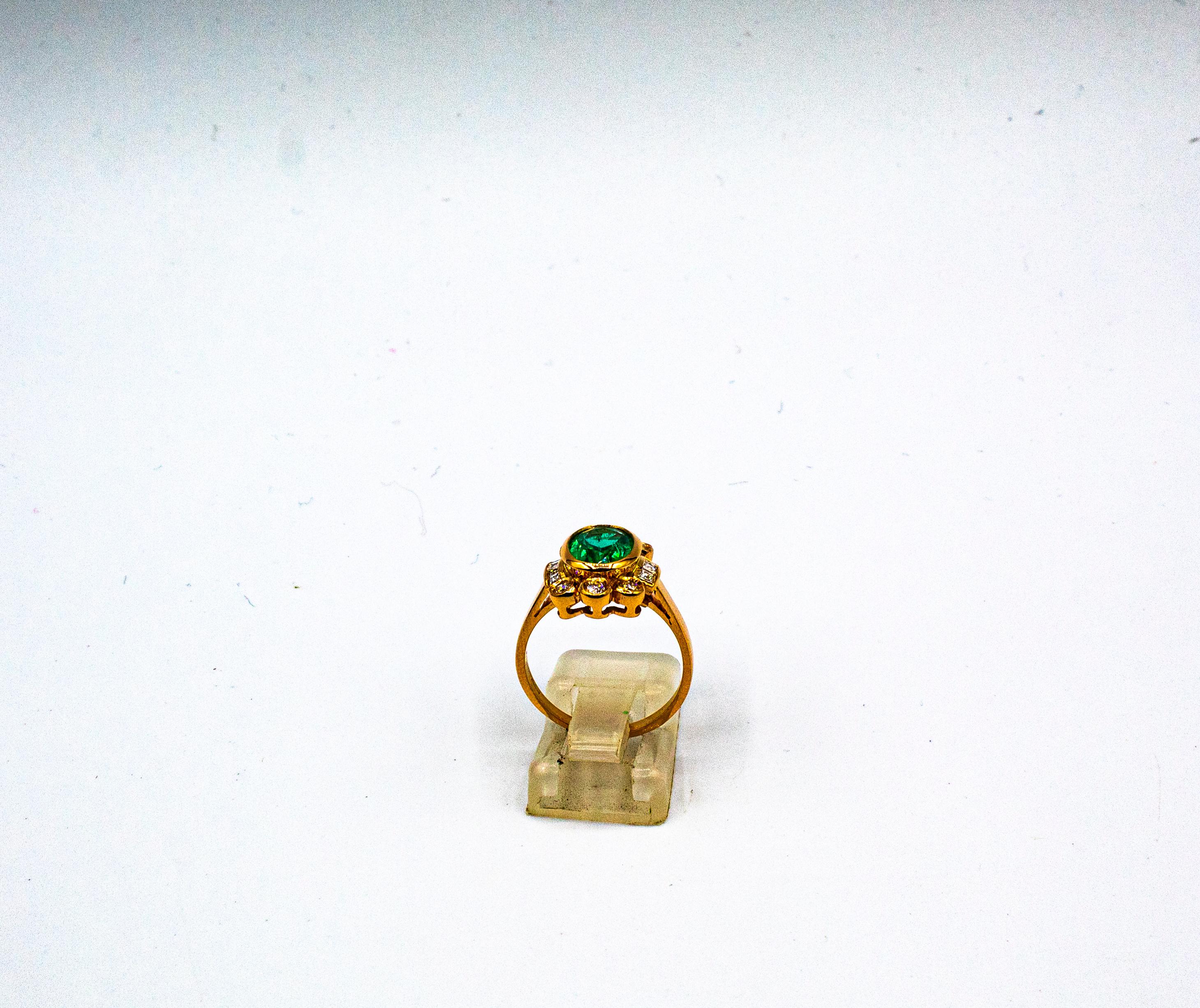 Art Deco Style Oval Cut Emerald White Diamond Yellow Gold Cocktail Ring 2