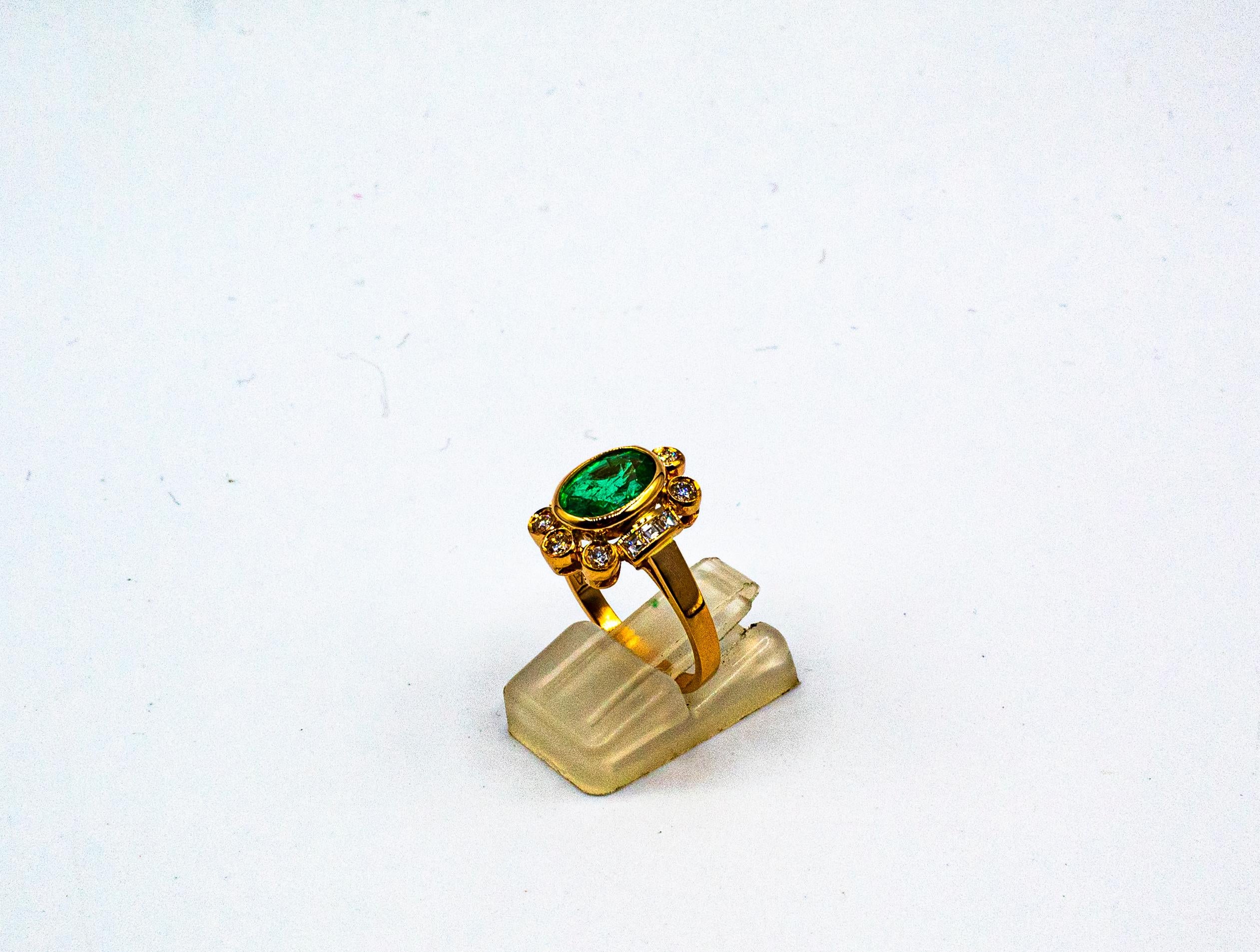 Art Deco Style Oval Cut Emerald White Diamond Yellow Gold Cocktail Ring 3
