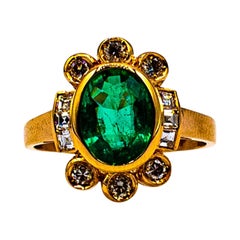 Art Deco Style Oval Cut Emerald White Diamond Yellow Gold Cocktail Ring