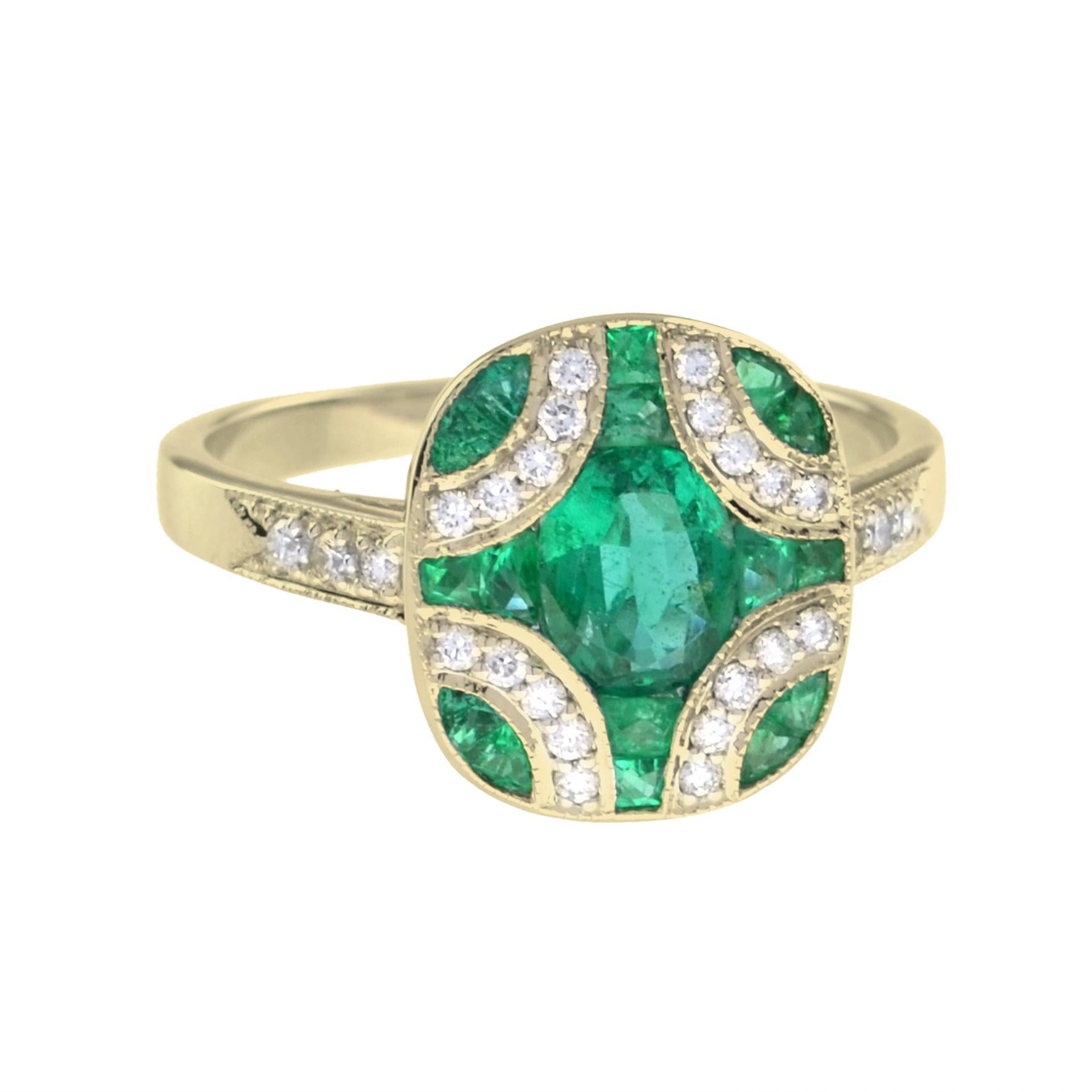 Emerald and diamond Art Deco-inspired ring with seventeen emeralds totaling 1.92 carats. This design features an oval cut emerald center with adjacent French trapezoid cut emeralds and prong set round white diamonds totaling 0.19 carats. 14 Yellow
