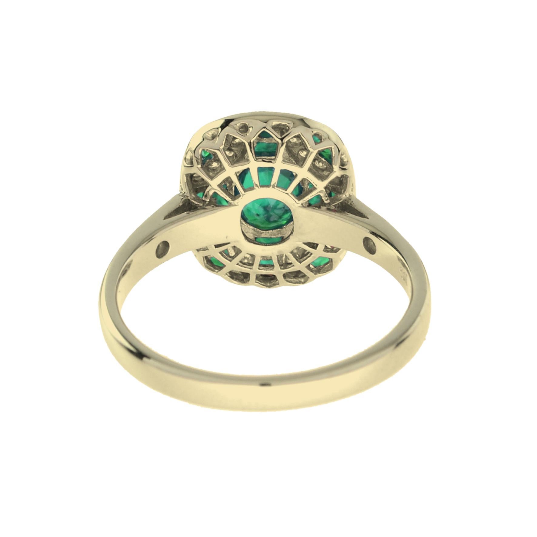 Women's Art Deco Style Oval Cut Green Emerald & Diamond Vintage Inspired White Gold Ring For Sale