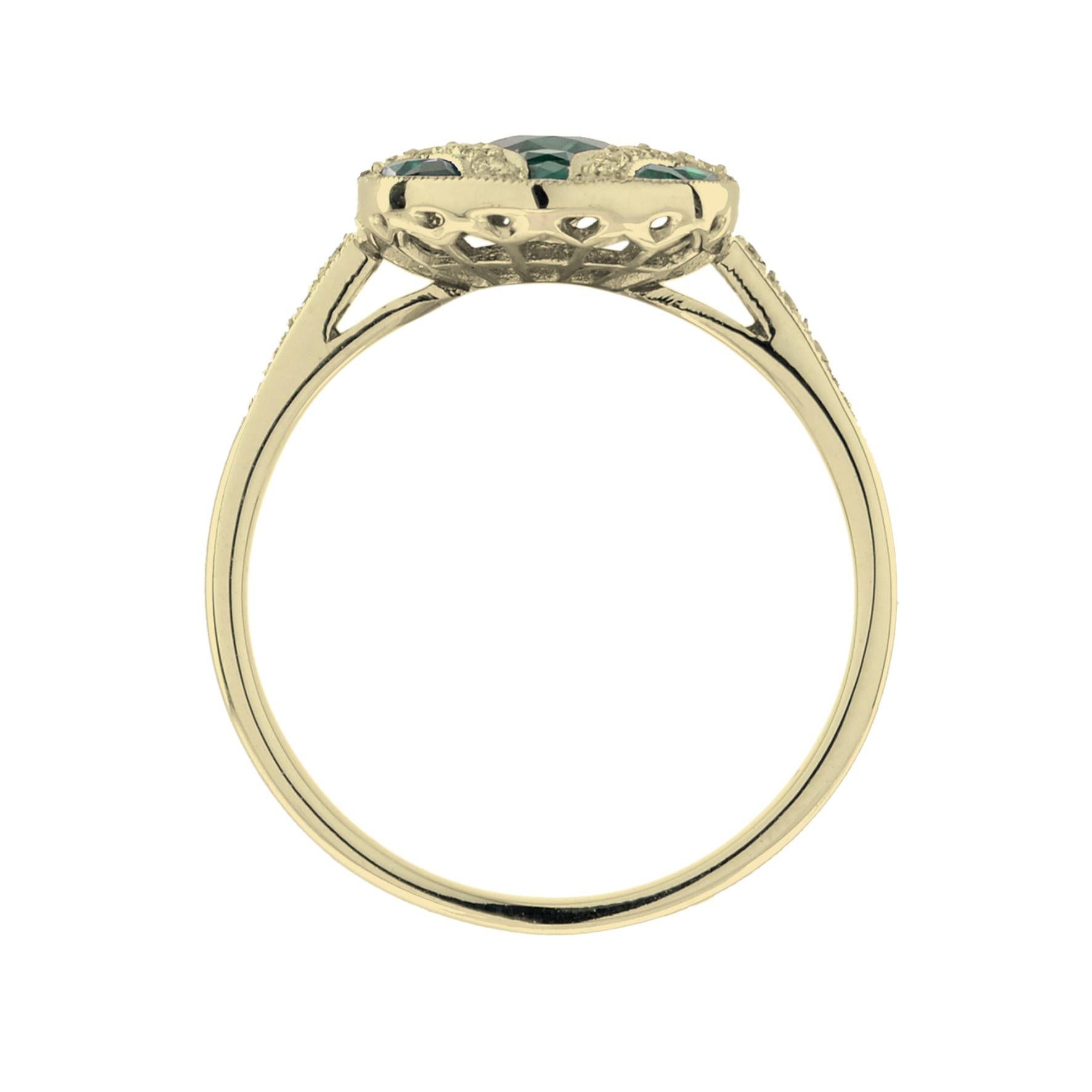 Art Deco Style Oval Cut Green Emerald & Diamond Vintage Inspired White Gold Ring For Sale 1