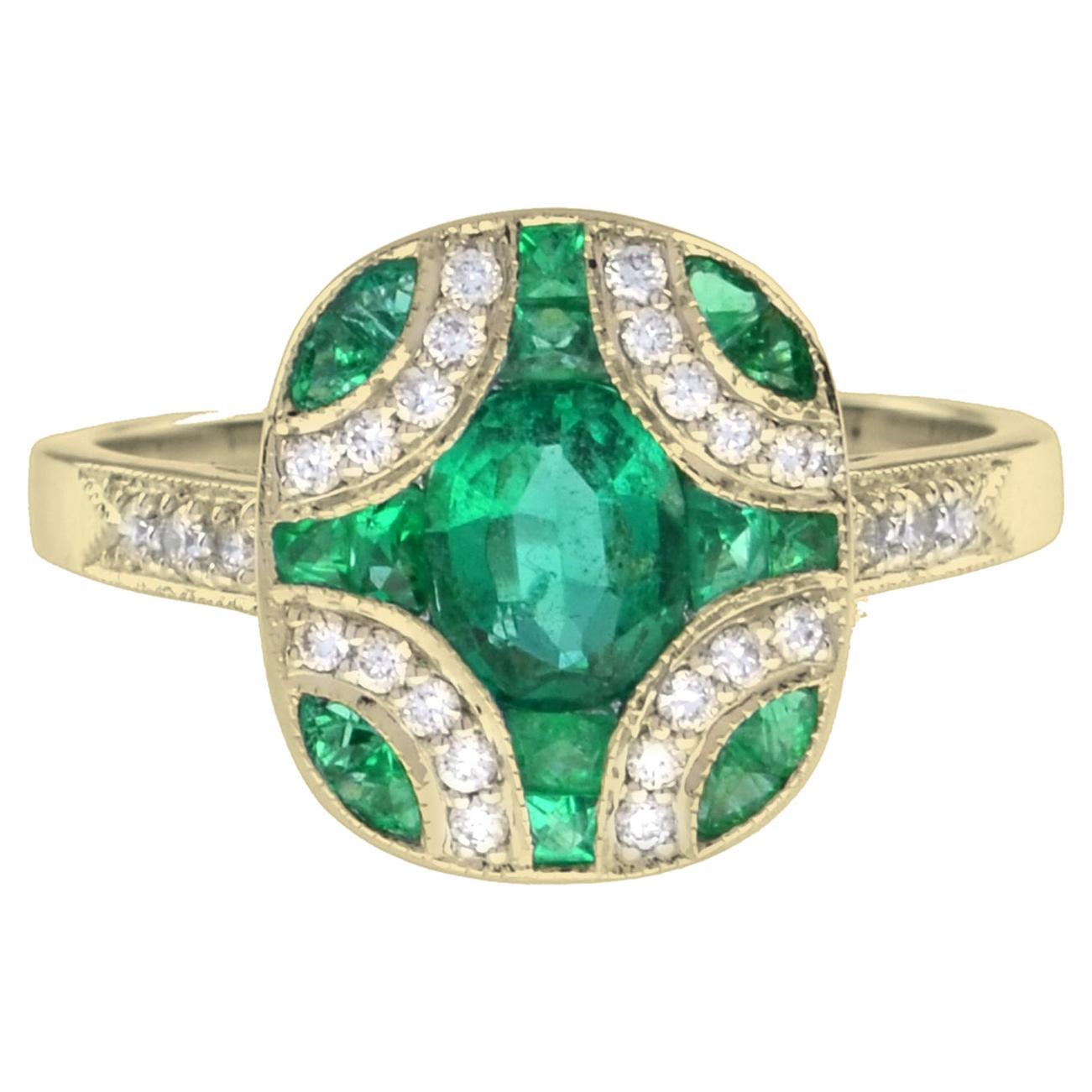 Art Deco Style Oval Cut Green Emerald & Diamond Vintage Inspired White Gold Ring For Sale