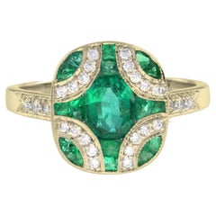 Art Deco Style Oval Cut Green Emerald & Diamond Vintage Inspired White Gold Ring