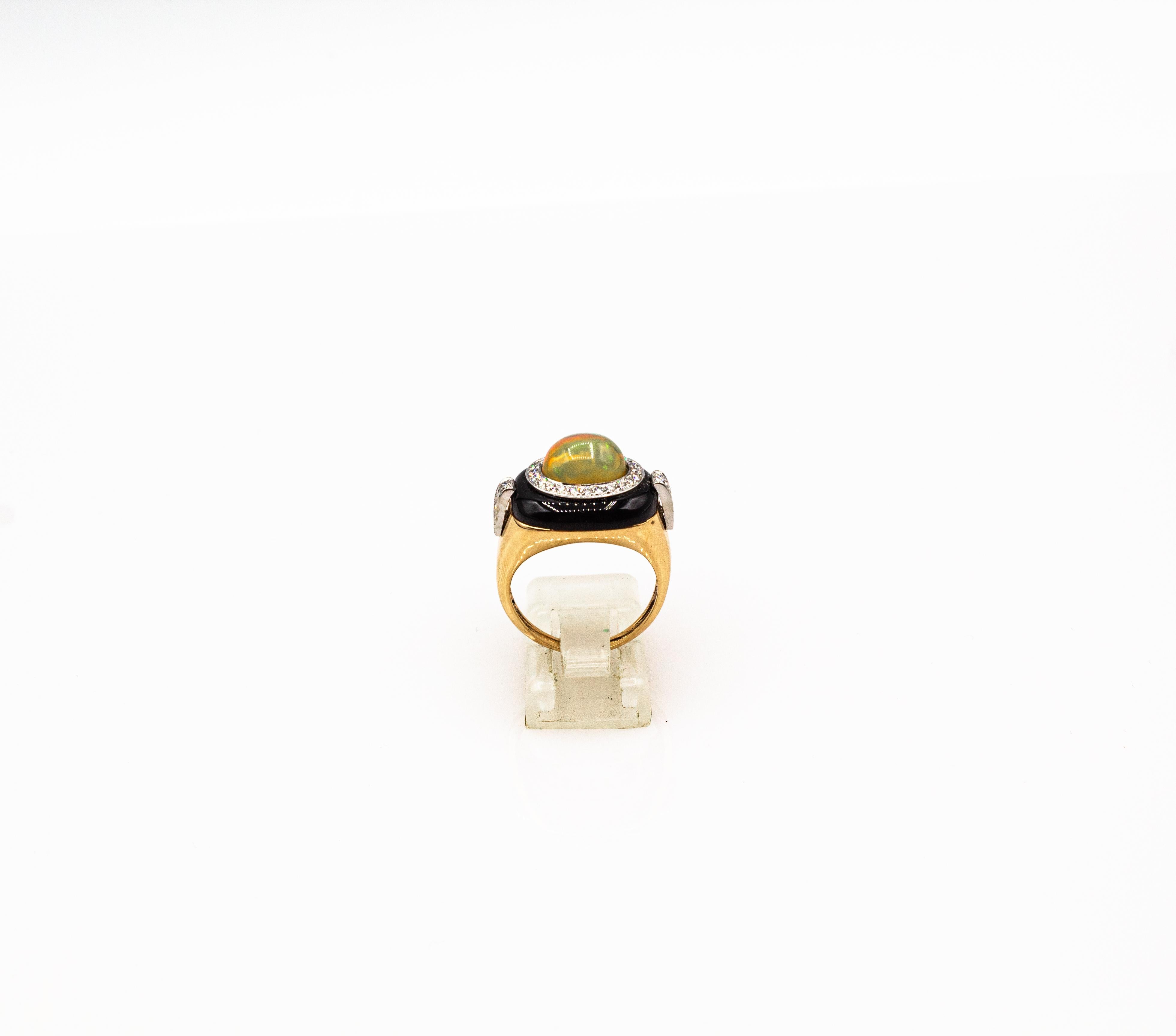 Art Deco Style Oval Cut Opal White Diamond Onyx Yellow Gold Cocktail Ring For Sale 5