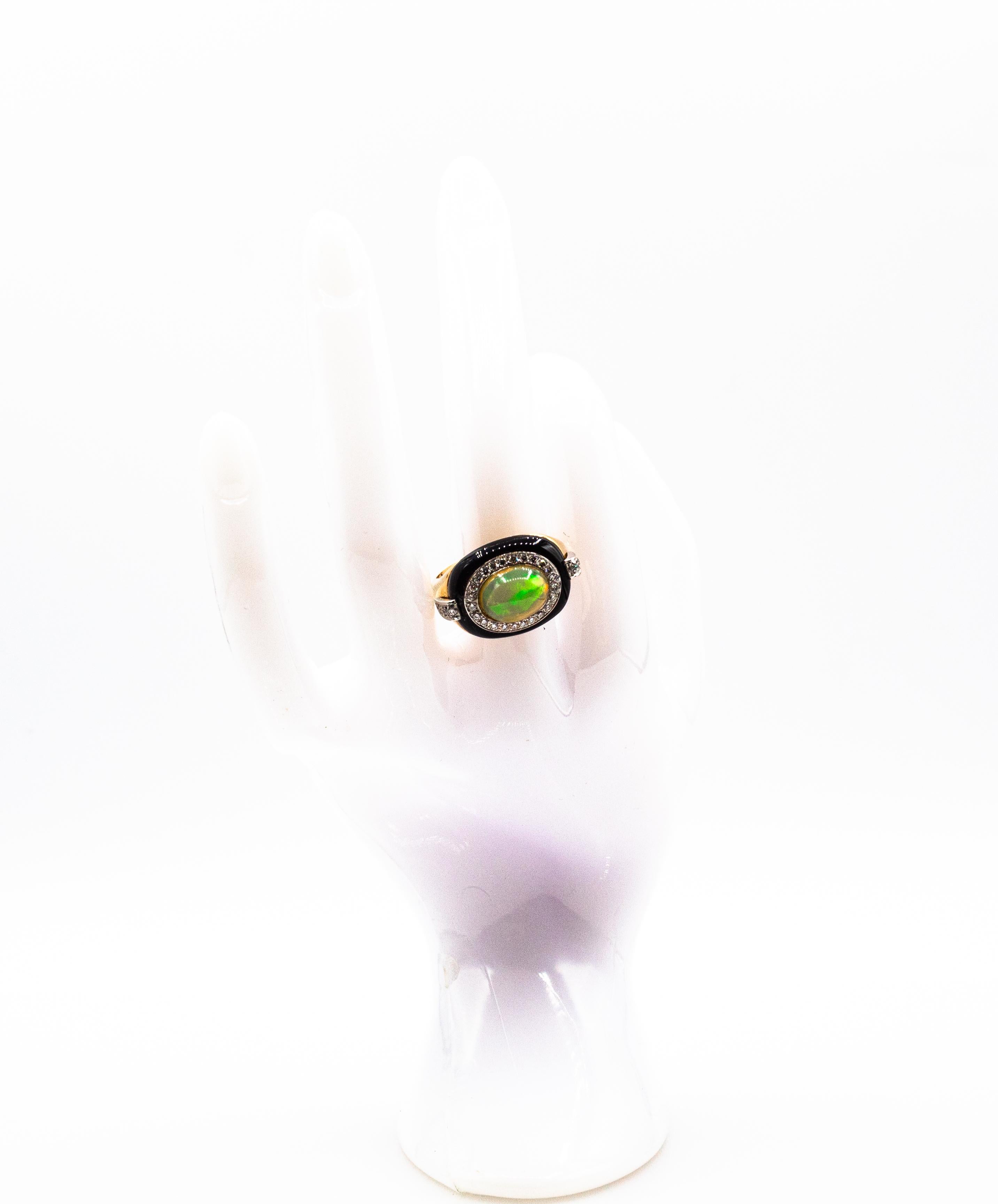 Art Deco Style Oval Cut Opal White Diamond Onyx Yellow Gold Cocktail Ring For Sale 6