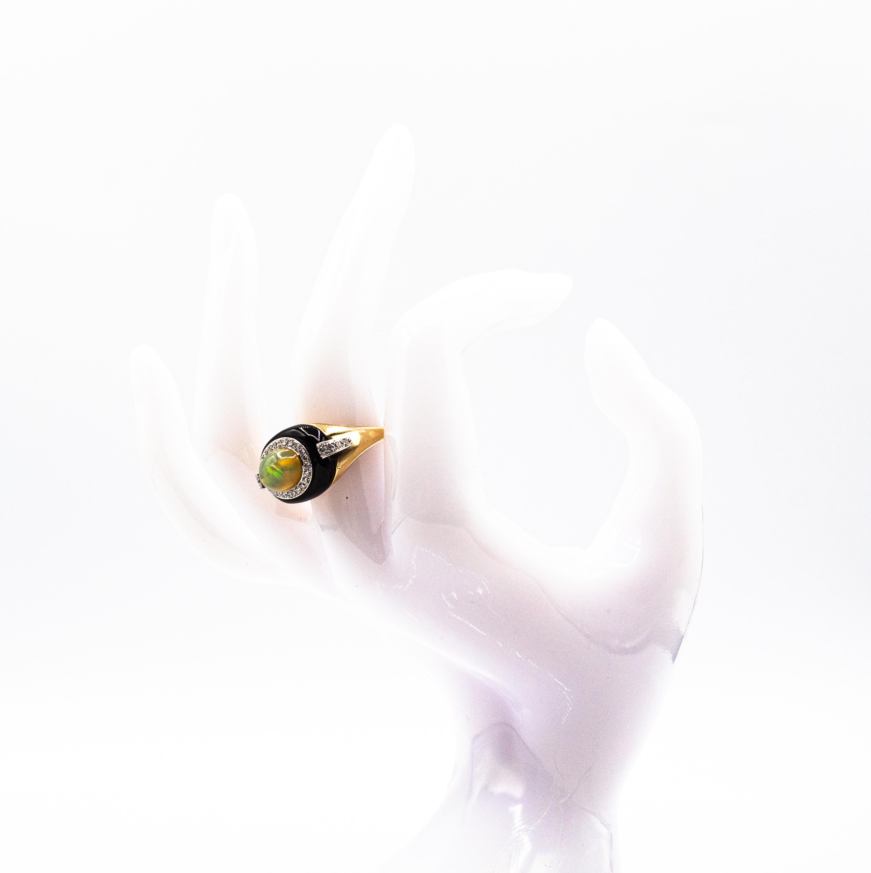 Art Deco Style Oval Cut Opal White Diamond Onyx Yellow Gold Cocktail Ring 7