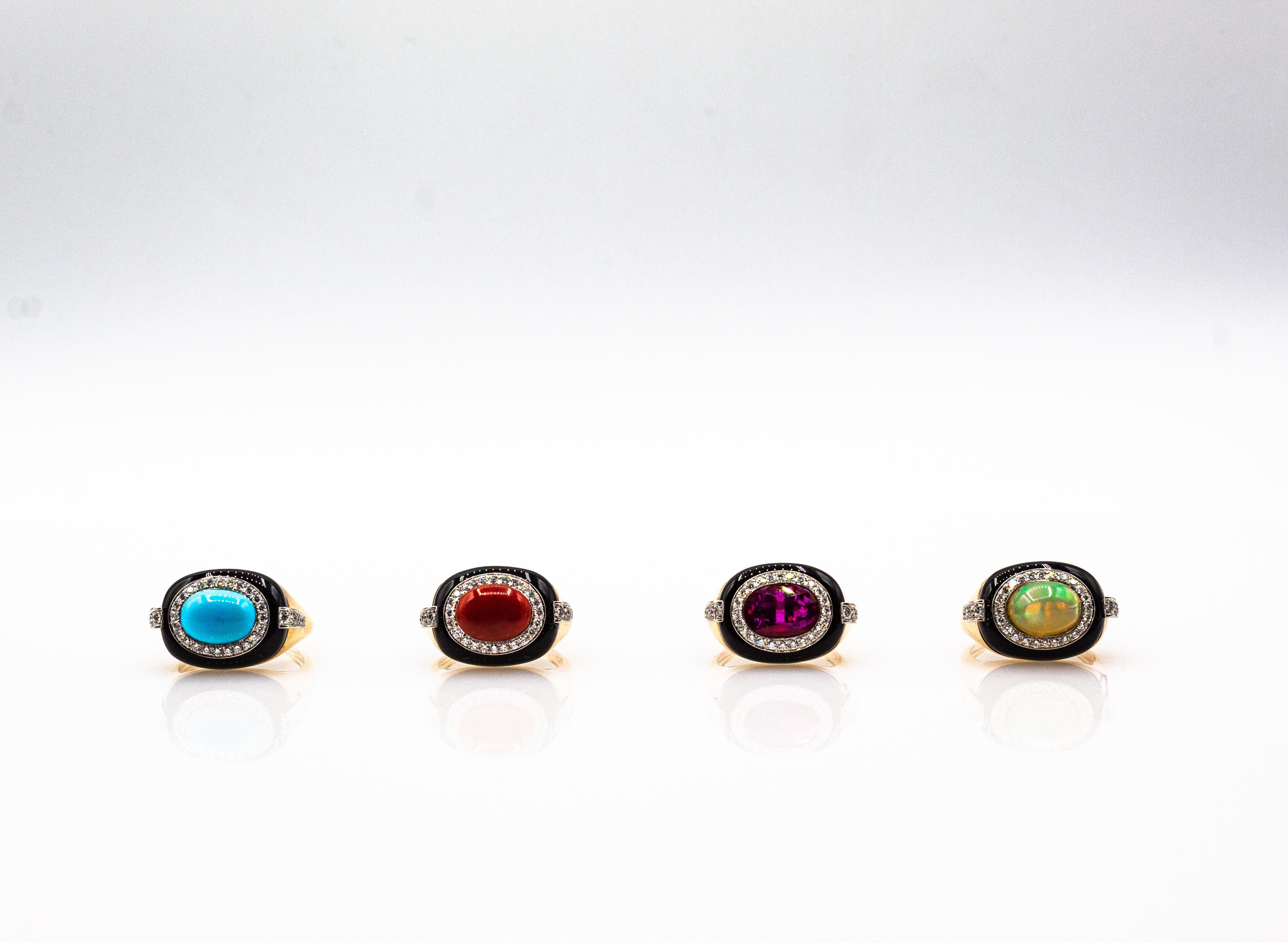 Art Deco Style Oval Cut Opal White Diamond Onyx Yellow Gold Cocktail Ring For Sale 8