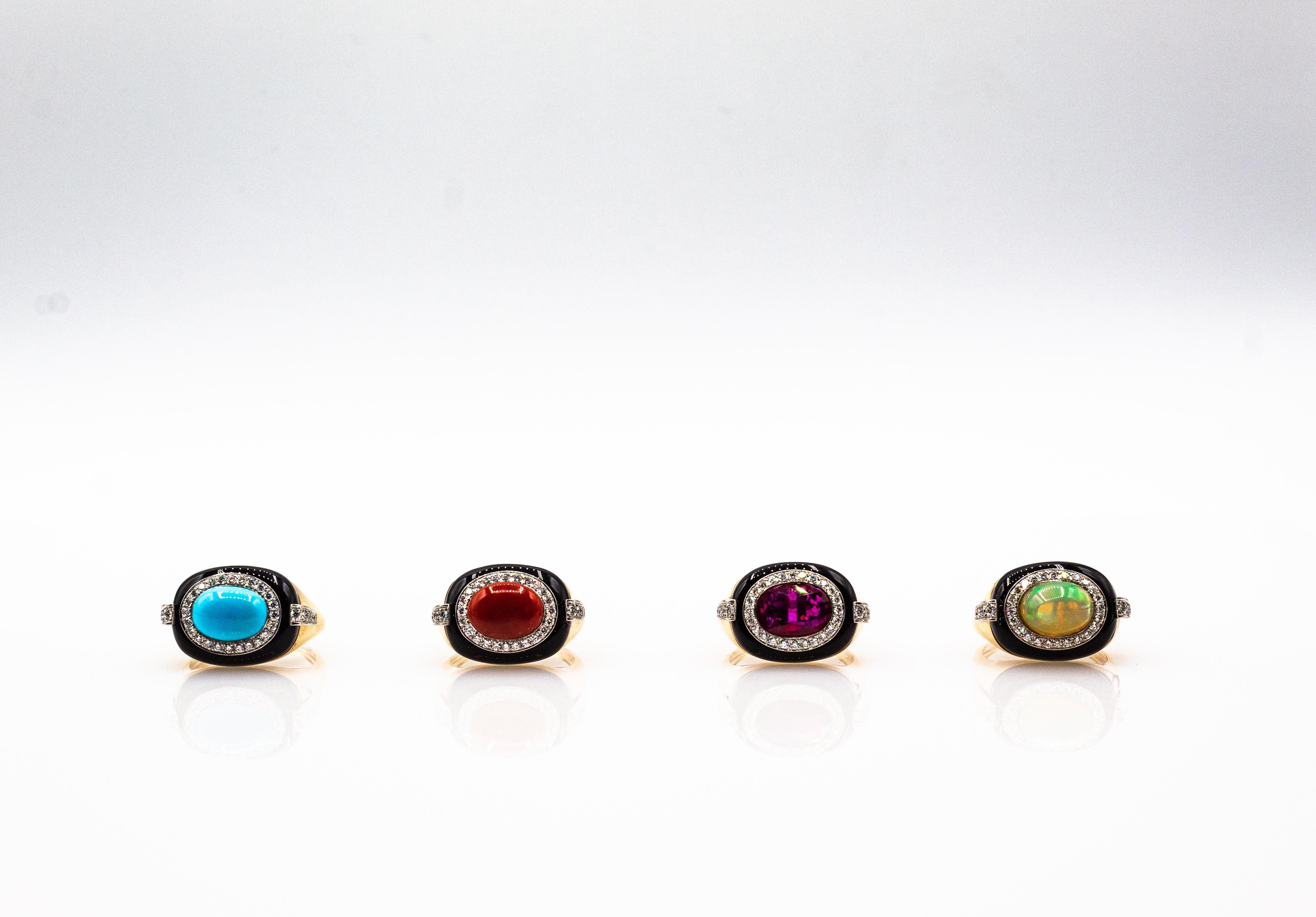 Art Deco Style Oval Cut Opal White Diamond Onyx Yellow Gold Cocktail Ring 9