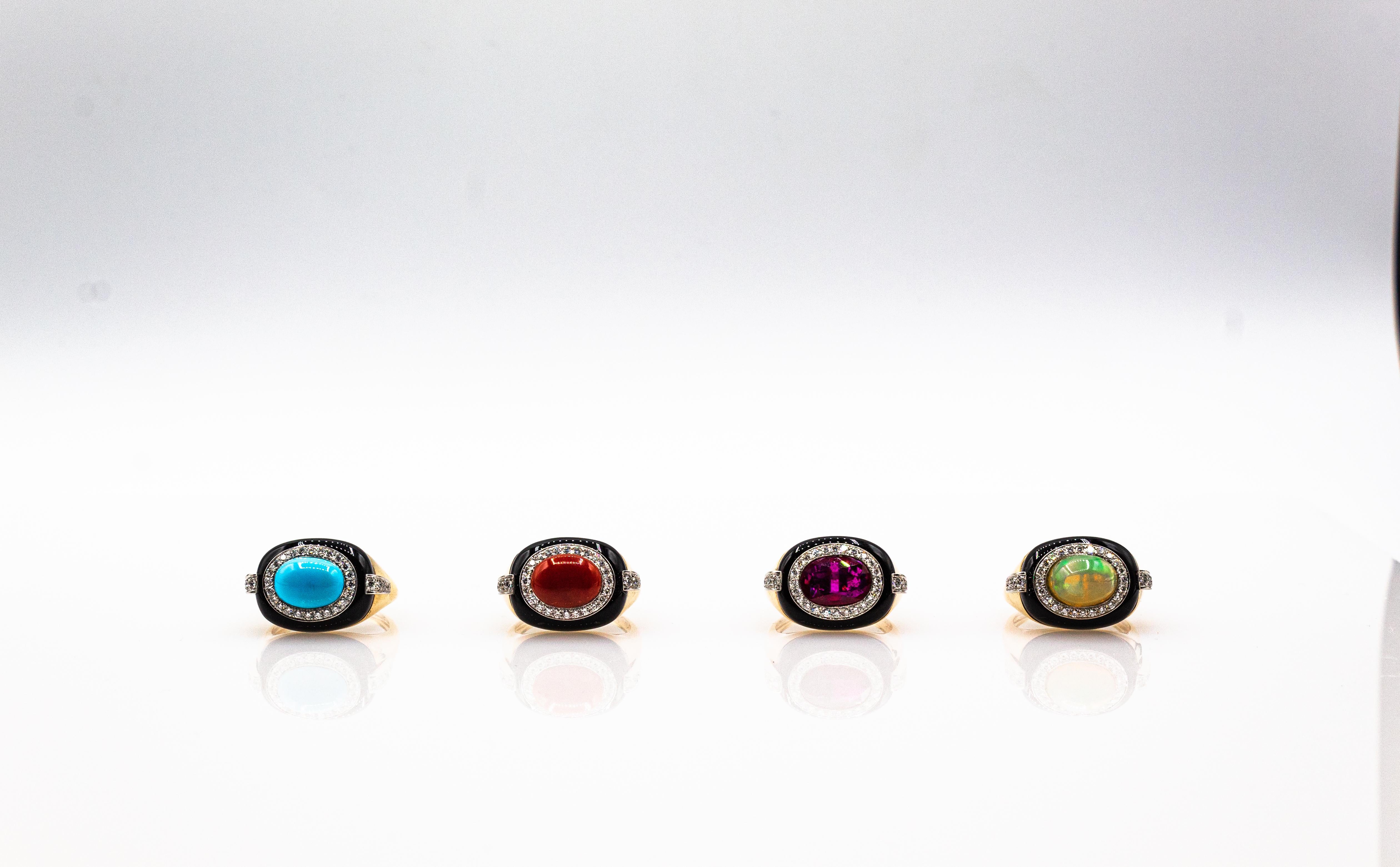 Art Deco Style Oval Cut Opal White Diamond Onyx Yellow Gold Cocktail Ring 10