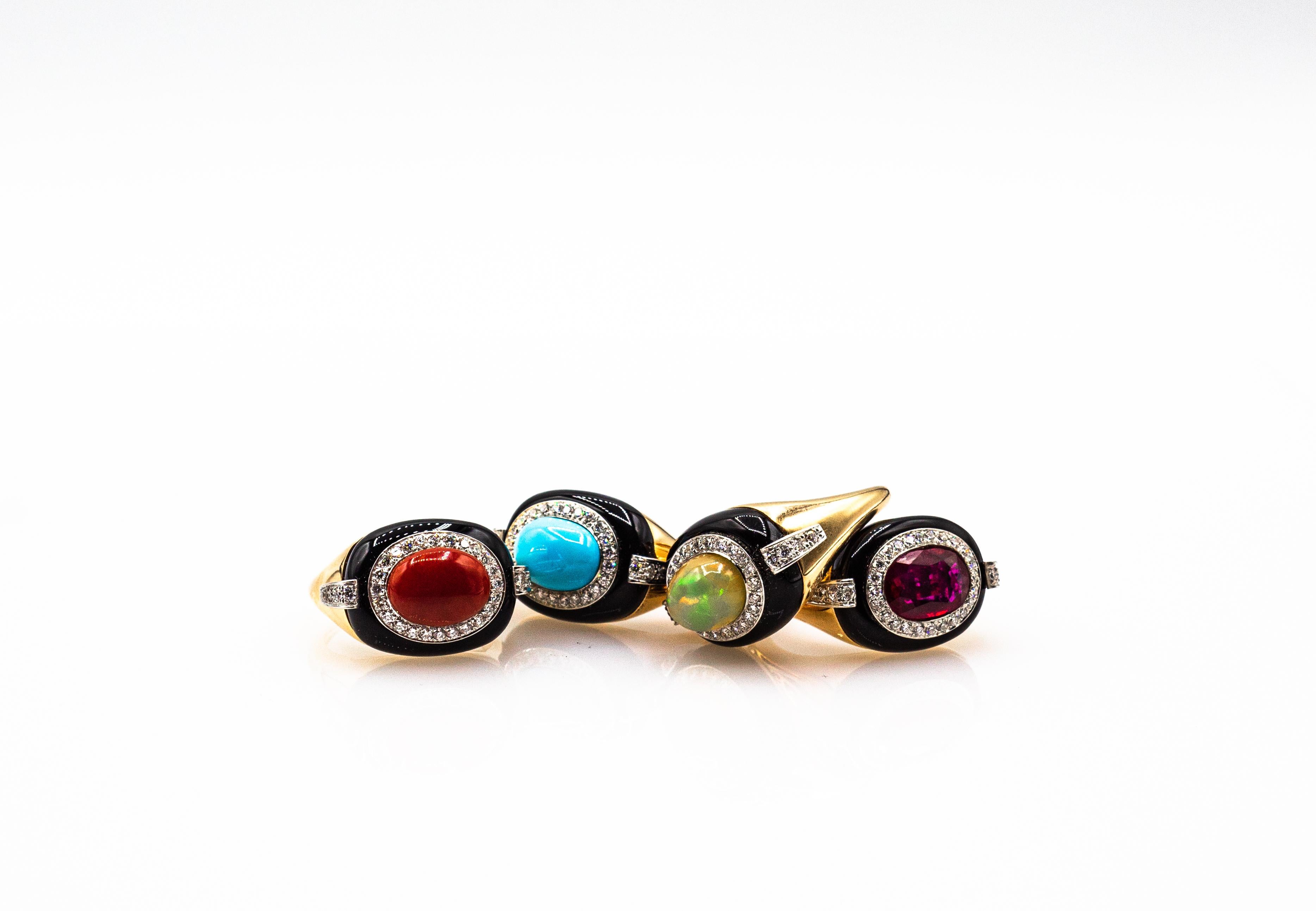 Art Deco Style Oval Cut Opal White Diamond Onyx Yellow Gold Cocktail Ring For Sale 11