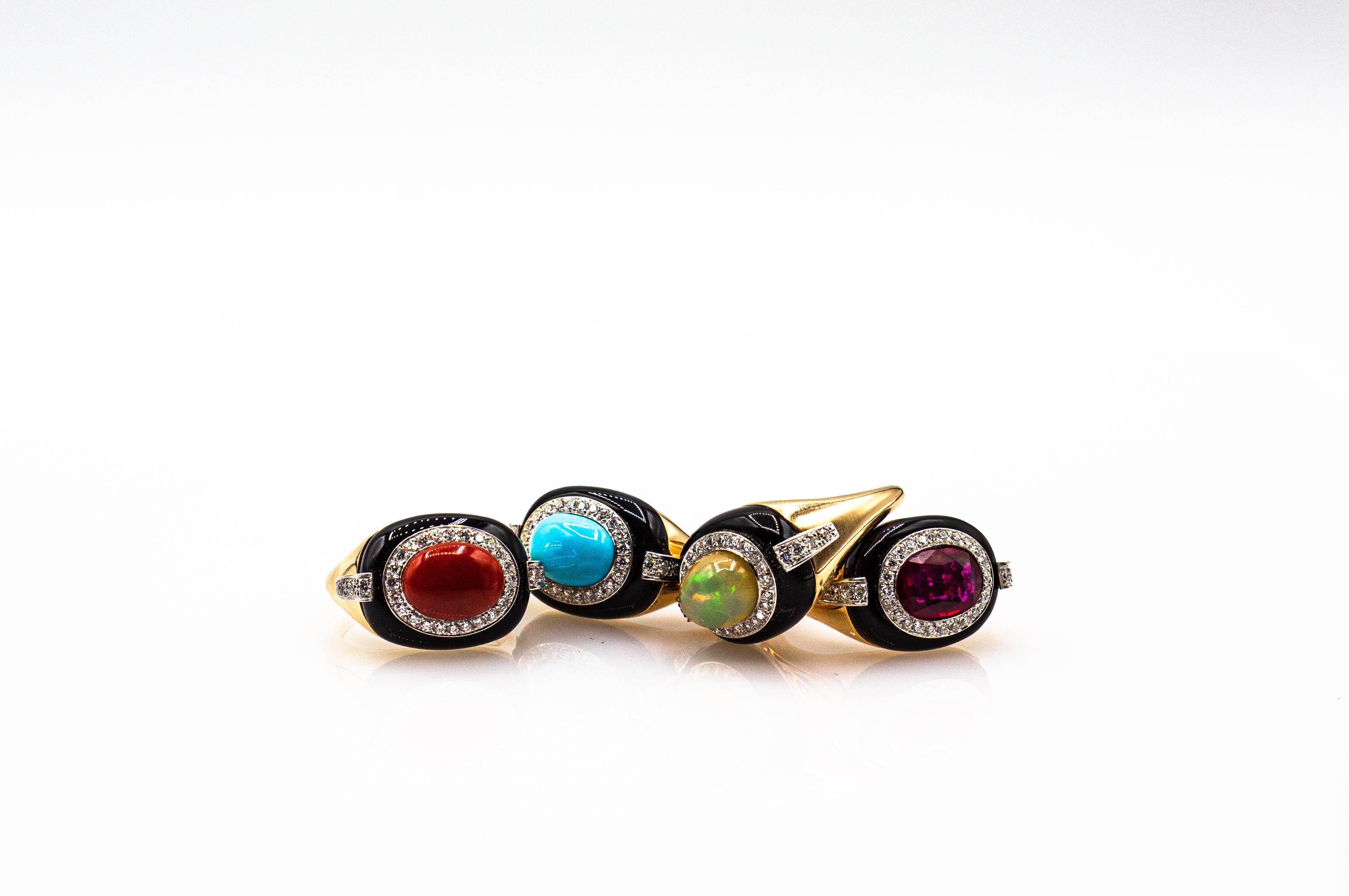 Art Deco Style Oval Cut Opal White Diamond Onyx Yellow Gold Cocktail Ring 12