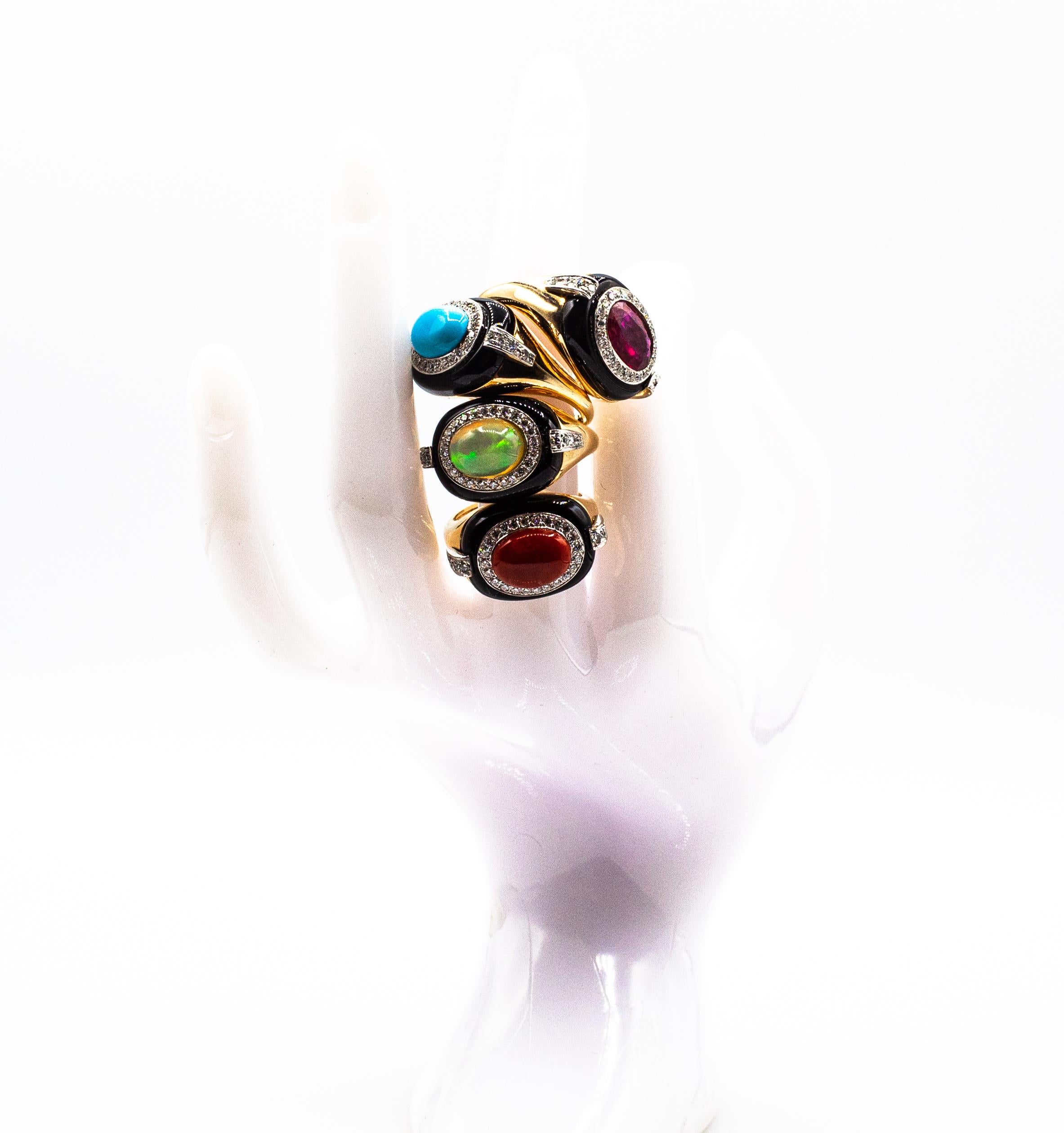 Art Deco Style Oval Cut Opal White Diamond Onyx Yellow Gold Cocktail Ring 13