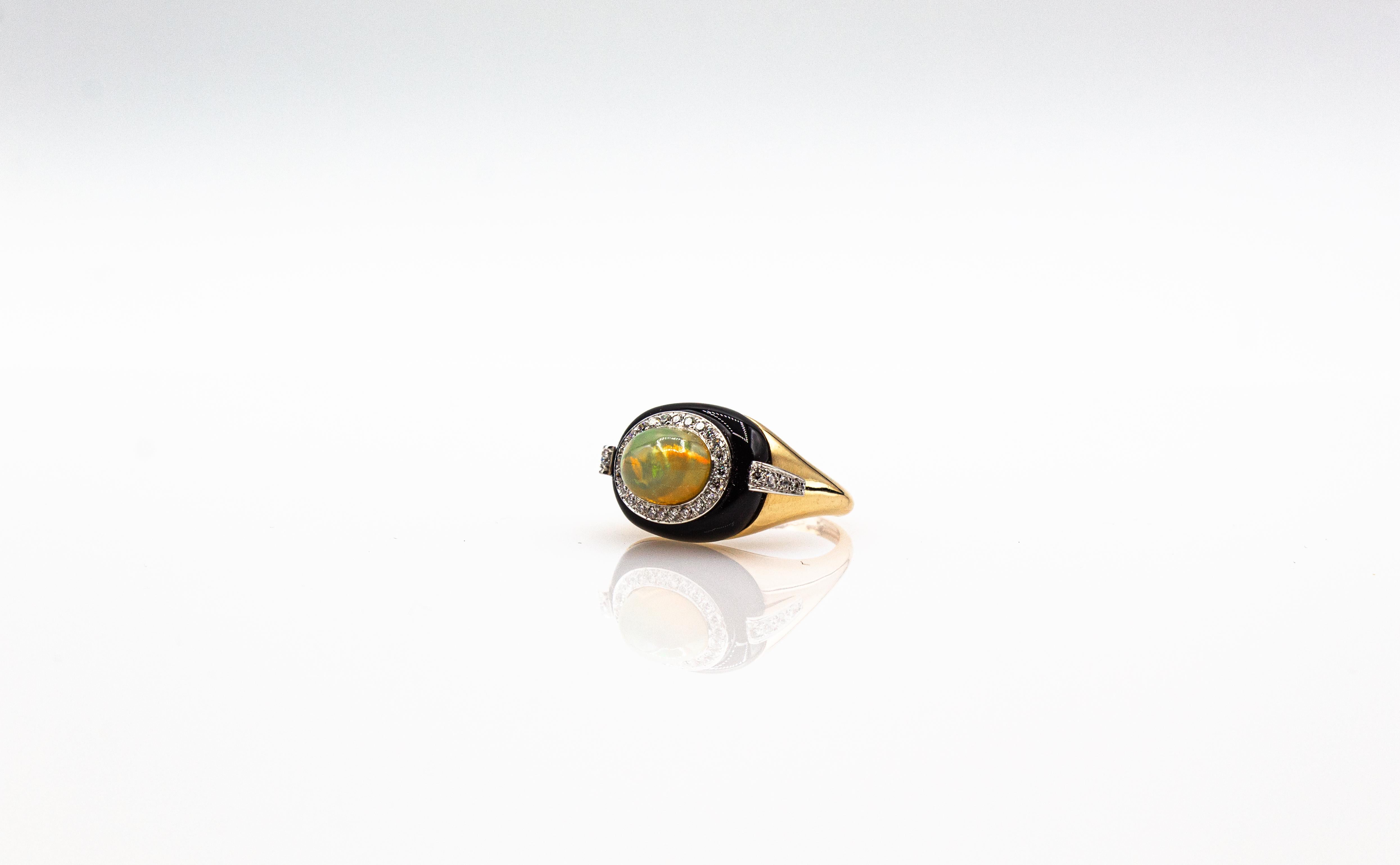 Brilliant Cut Art Deco Style Oval Cut Opal White Diamond Onyx Yellow Gold Cocktail Ring For Sale