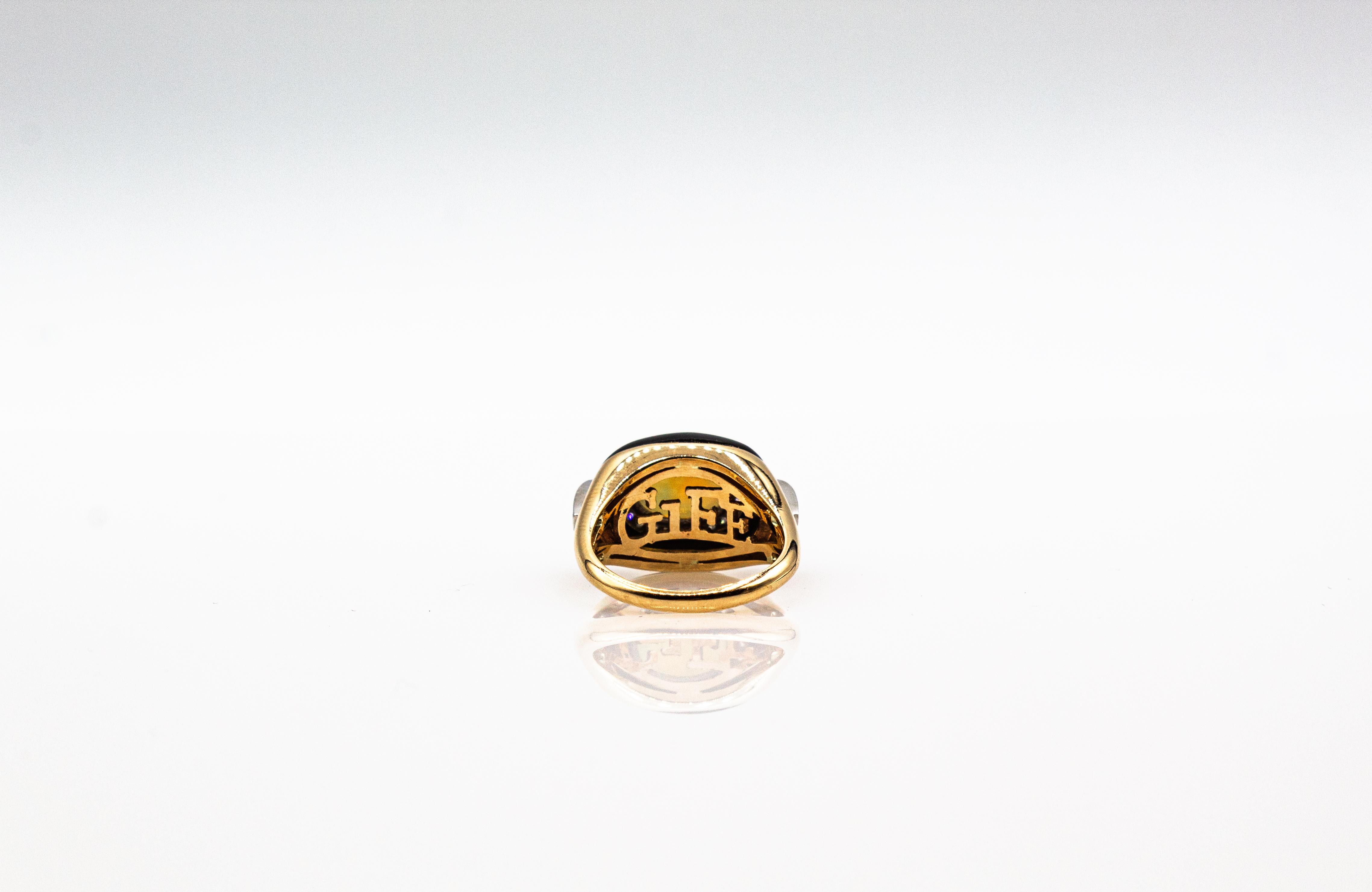 Art Deco Style Oval Cut Opal White Diamond Onyx Yellow Gold Cocktail Ring In New Condition For Sale In Naples, IT