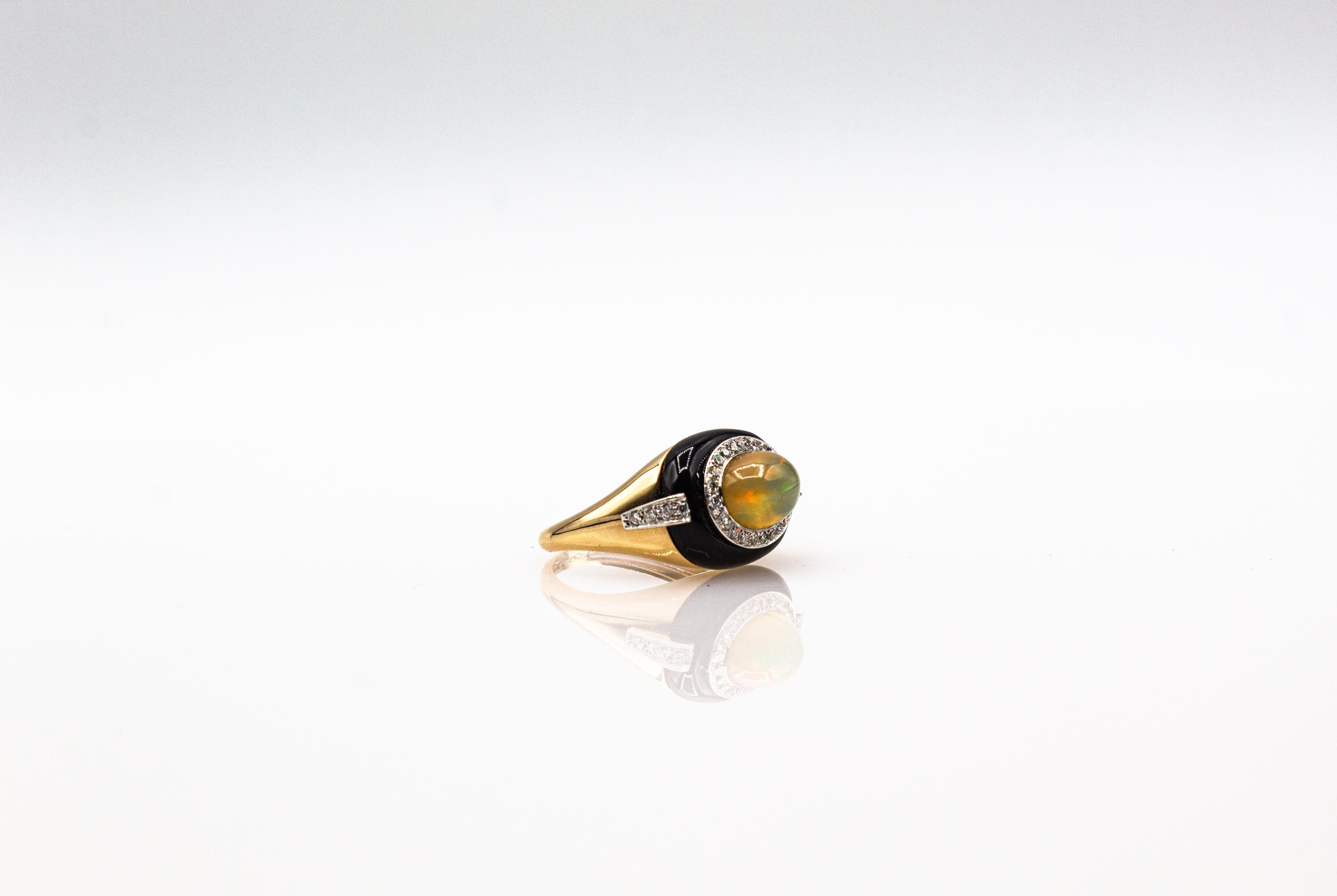 Women's or Men's Art Deco Style Oval Cut Opal White Diamond Onyx Yellow Gold Cocktail Ring For Sale