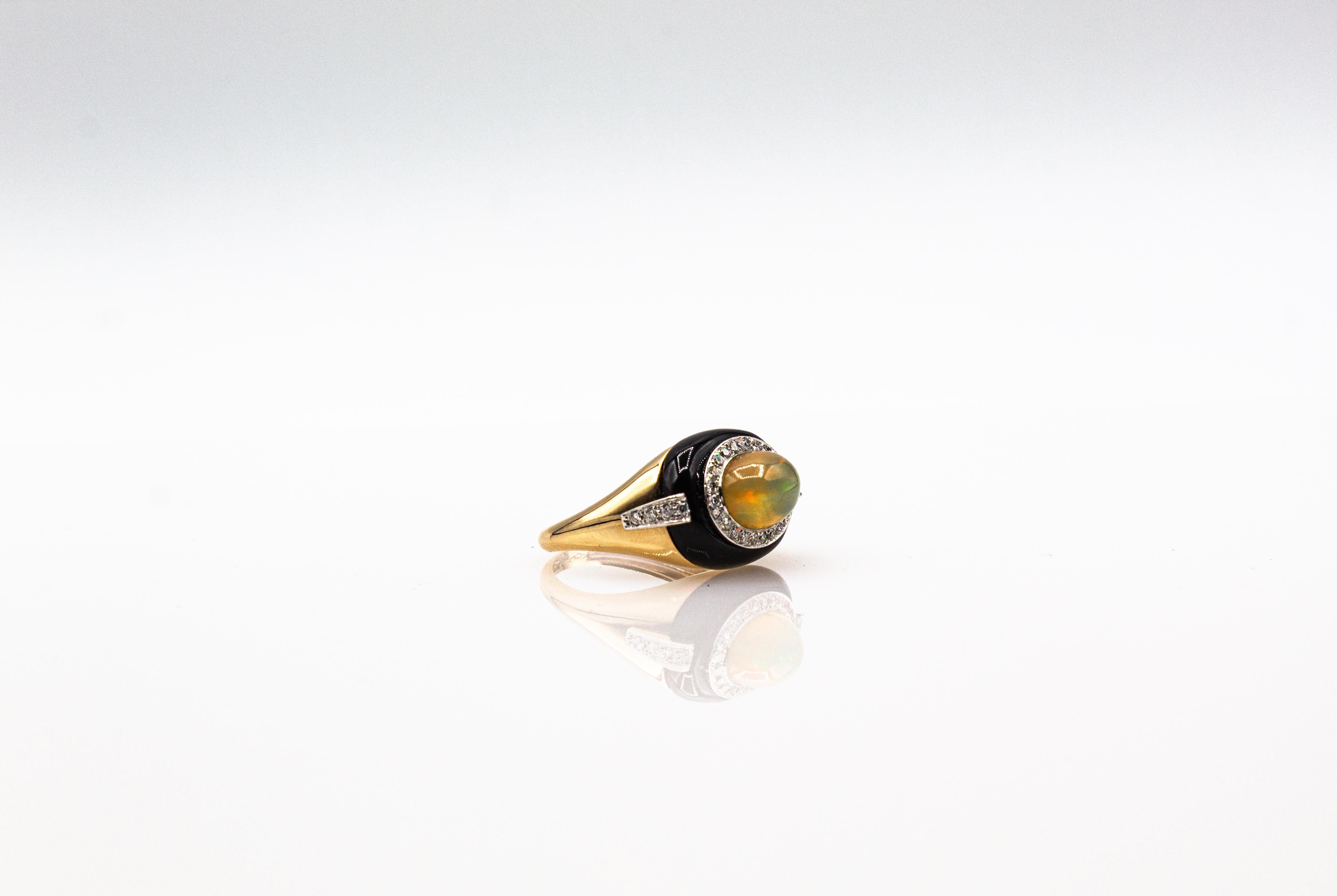 Women's or Men's Art Deco Style Oval Cut Opal White Diamond Onyx Yellow Gold Cocktail Ring
