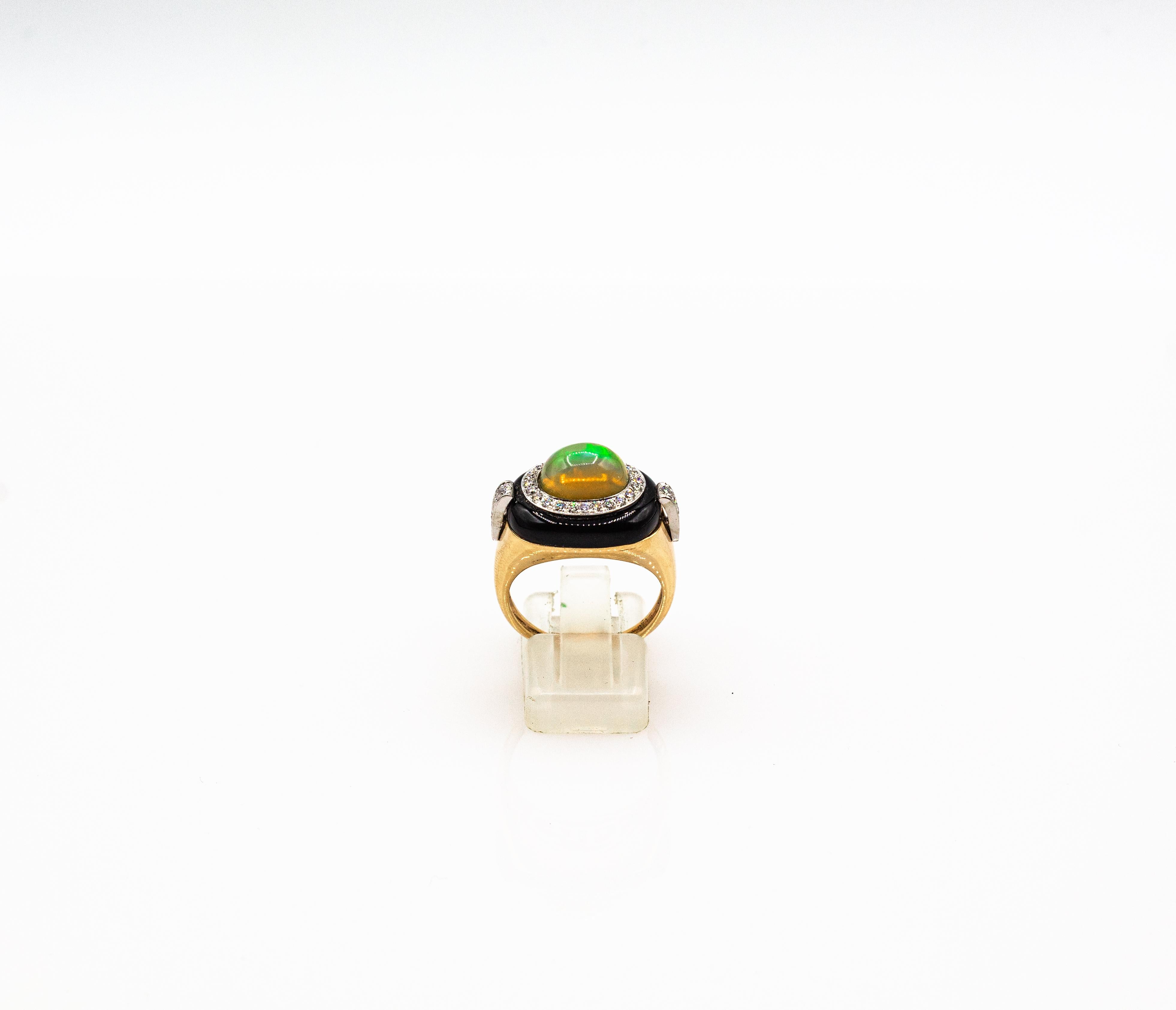 Art Deco Style Oval Cut Opal White Diamond Onyx Yellow Gold Cocktail Ring For Sale 1