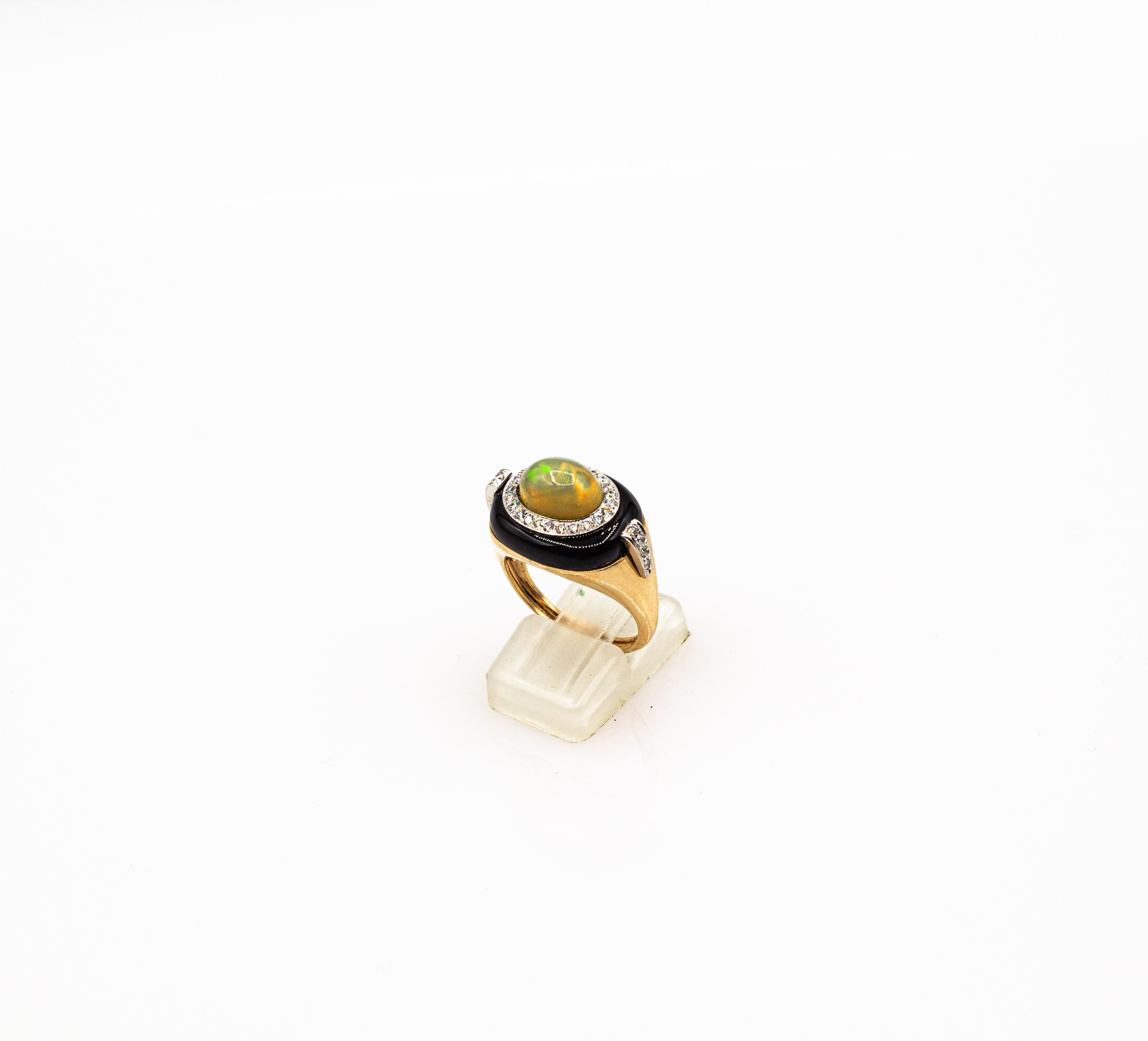 Art Deco Style Oval Cut Opal White Diamond Onyx Yellow Gold Cocktail Ring For Sale 3