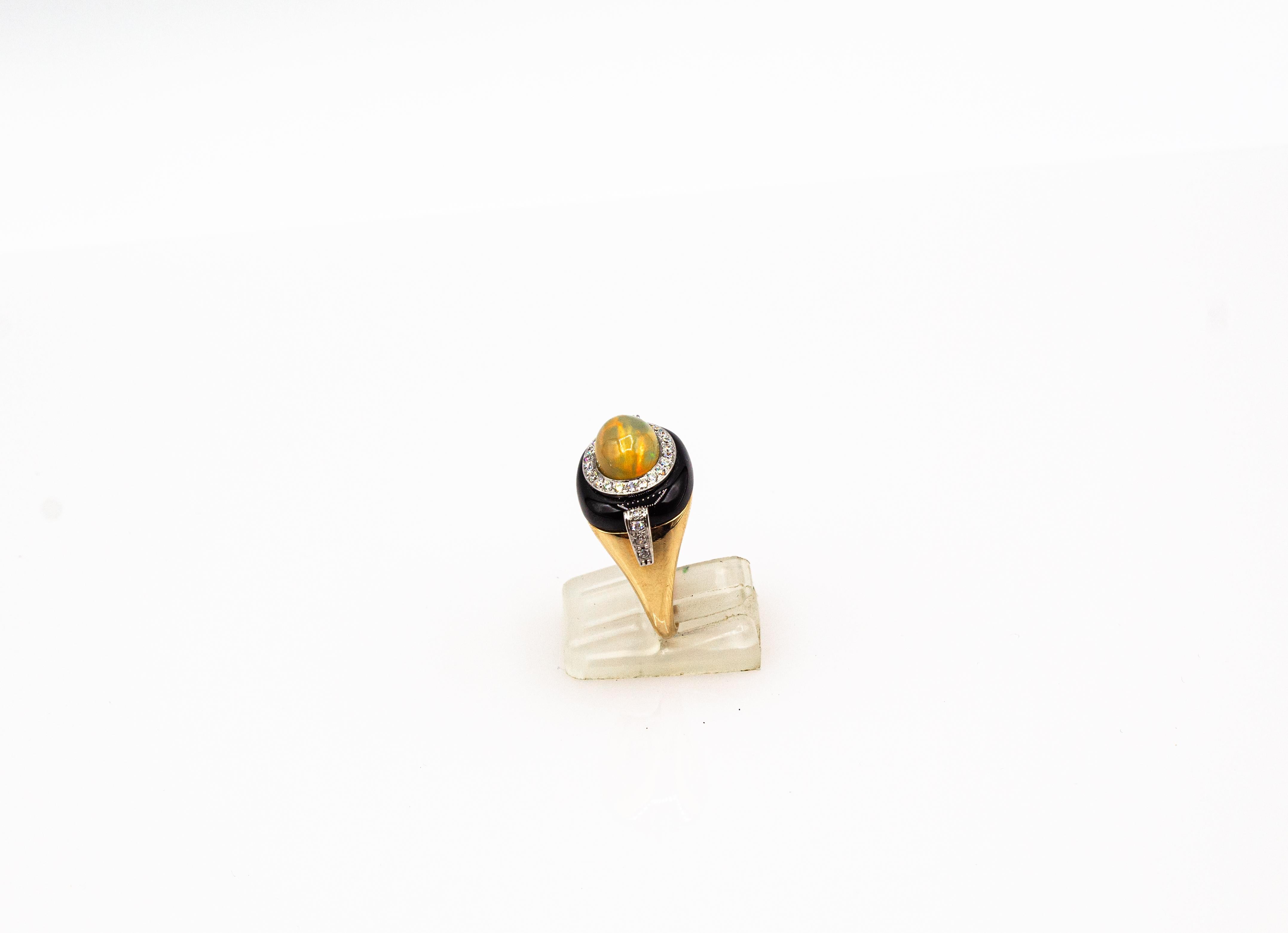 Art Deco Style Oval Cut Opal White Diamond Onyx Yellow Gold Cocktail Ring For Sale 4