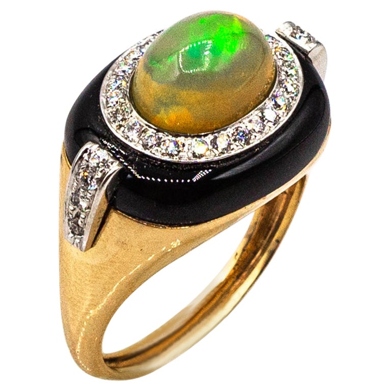 Art Deco Style Oval Cut Opal White Diamond Onyx Yellow Gold Cocktail Ring For Sale