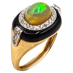 Art Deco Style Oval Cut Opal White Diamond Onyx Yellow Gold Cocktail Ring