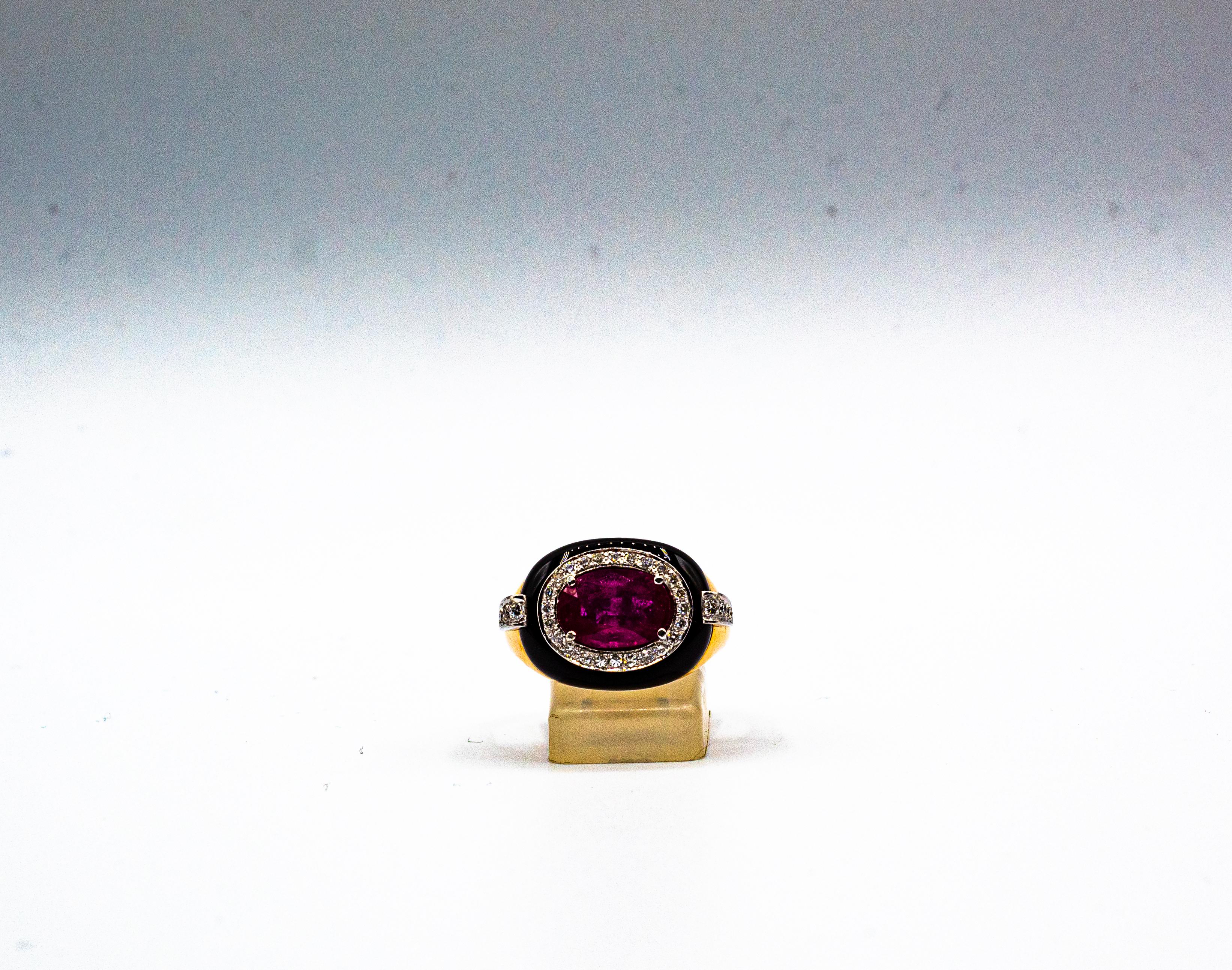 Art Deco Style Oval Cut Ruby White Diamond Onyx Yellow Gold Cocktail Ring 5