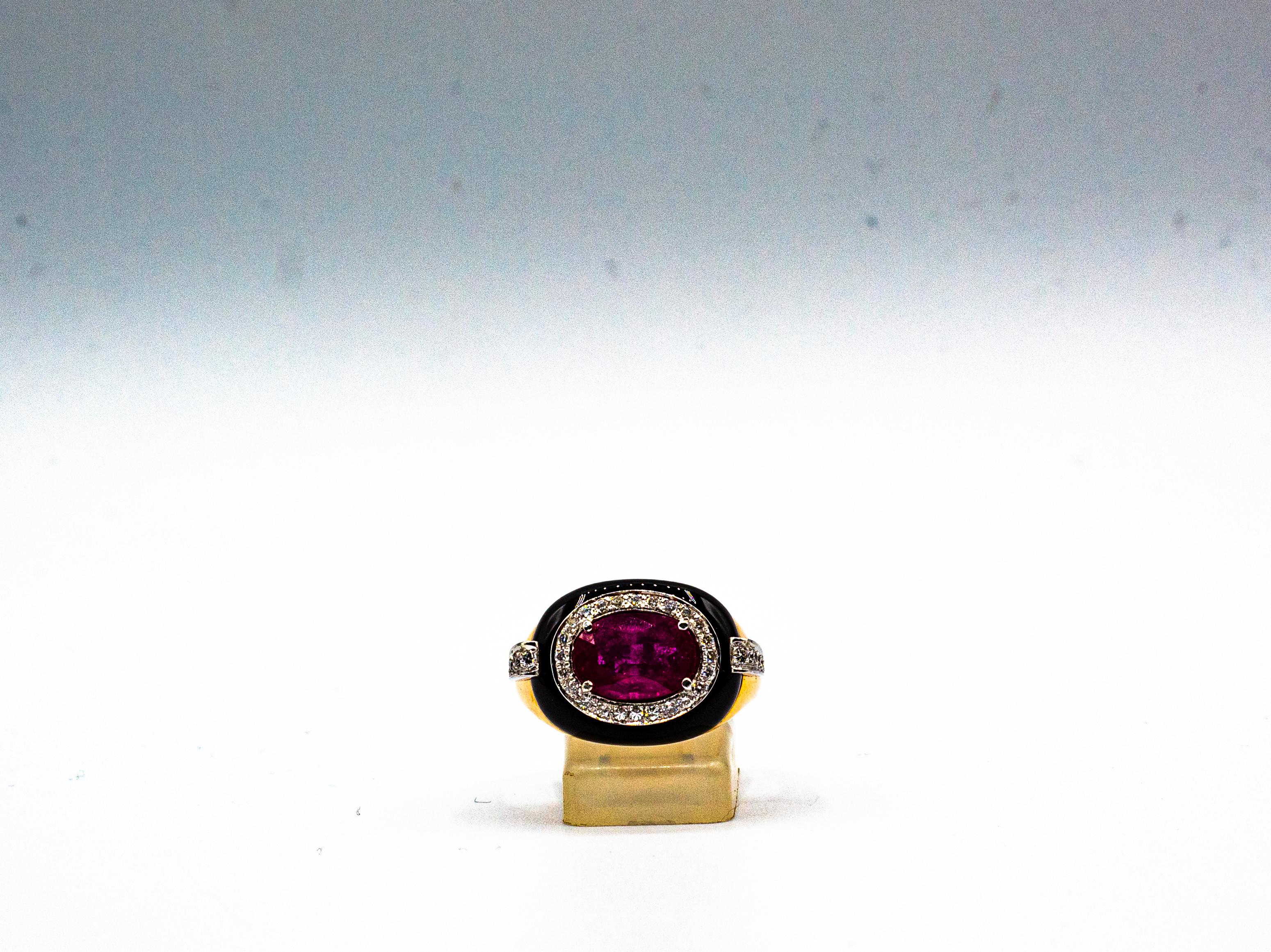 Art Deco Style Oval Cut Ruby White Diamond Onyx Yellow Gold Cocktail Ring 6