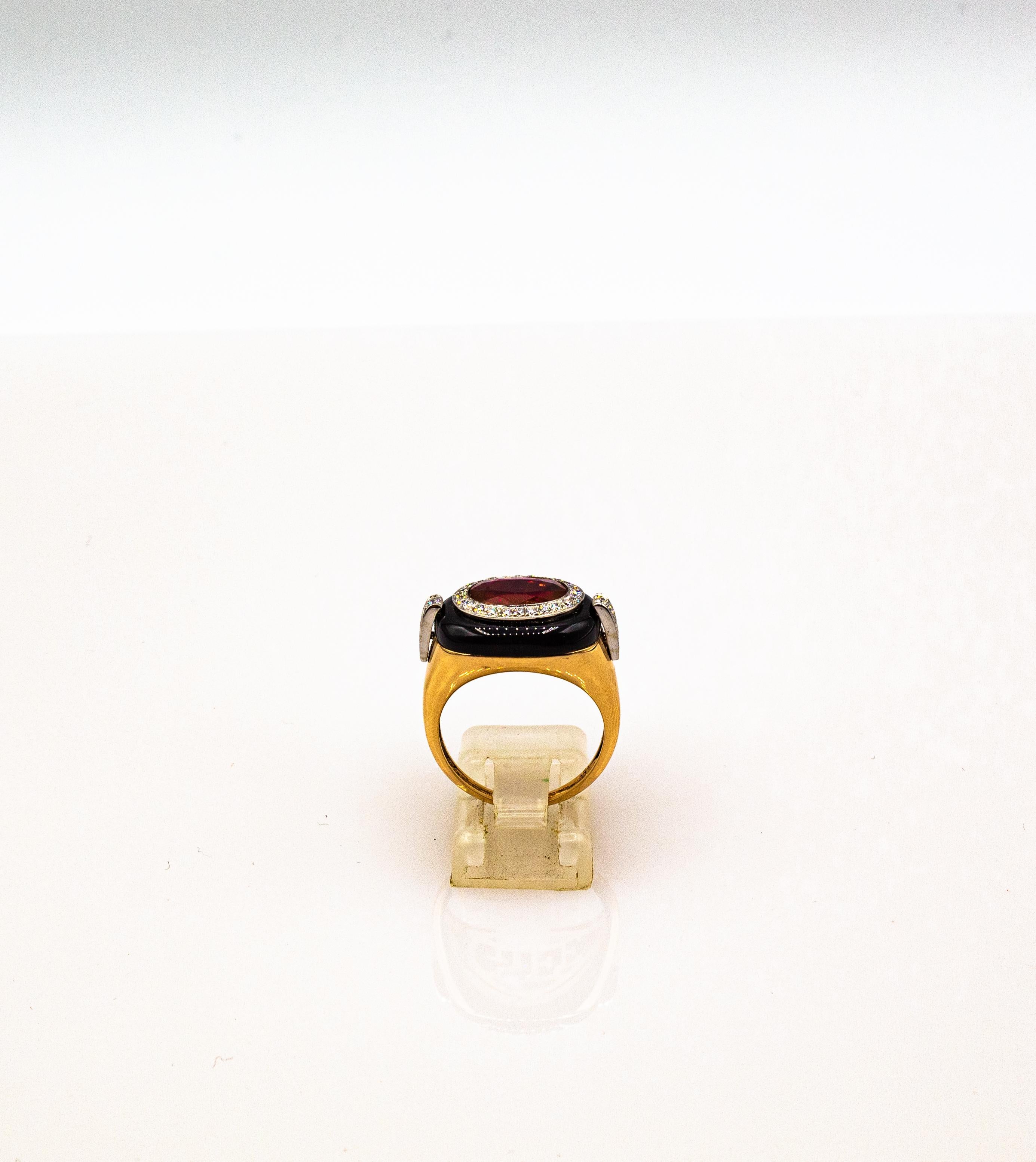Art Deco Style Oval Cut Ruby White Diamond Onyx Yellow Gold Cocktail Ring For Sale 6