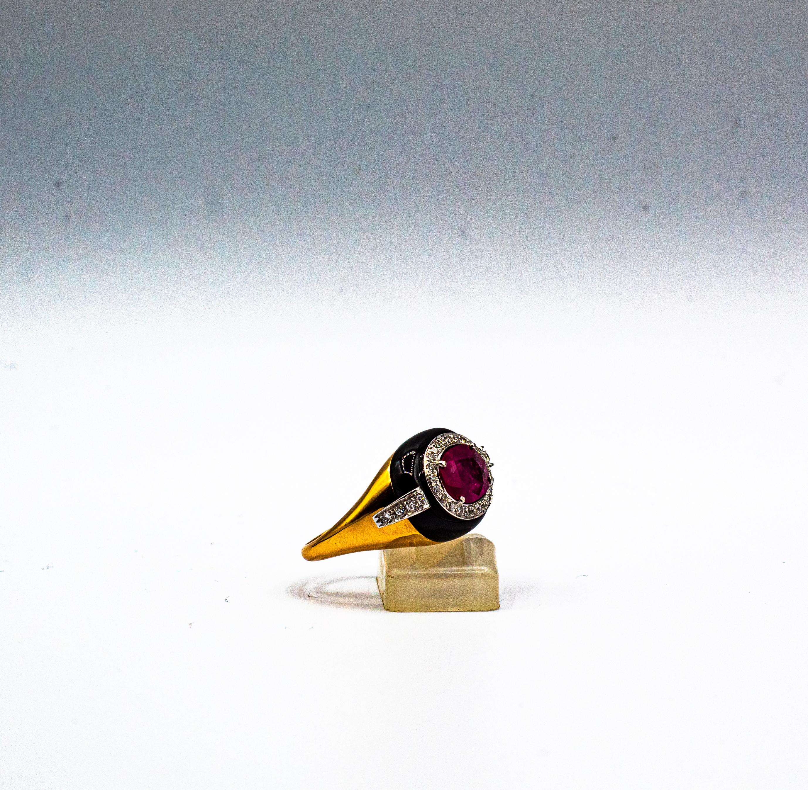 Art Deco Style Oval Cut Ruby White Diamond Onyx Yellow Gold Cocktail Ring 7